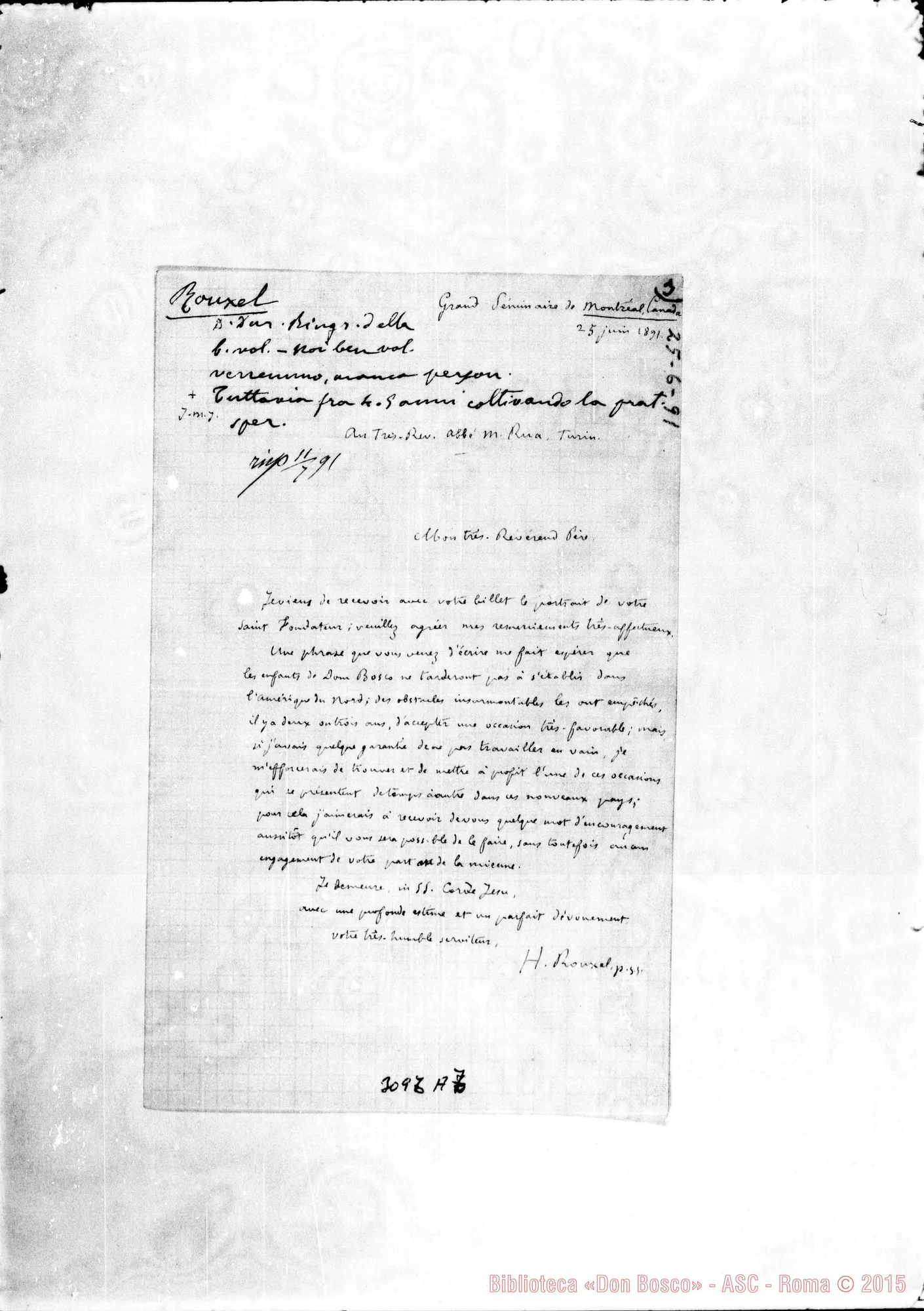 Fotogramma A 7 — H. Rouxel - Révérend Pére. Montreal, 25-06-1891. Autogr. Rua