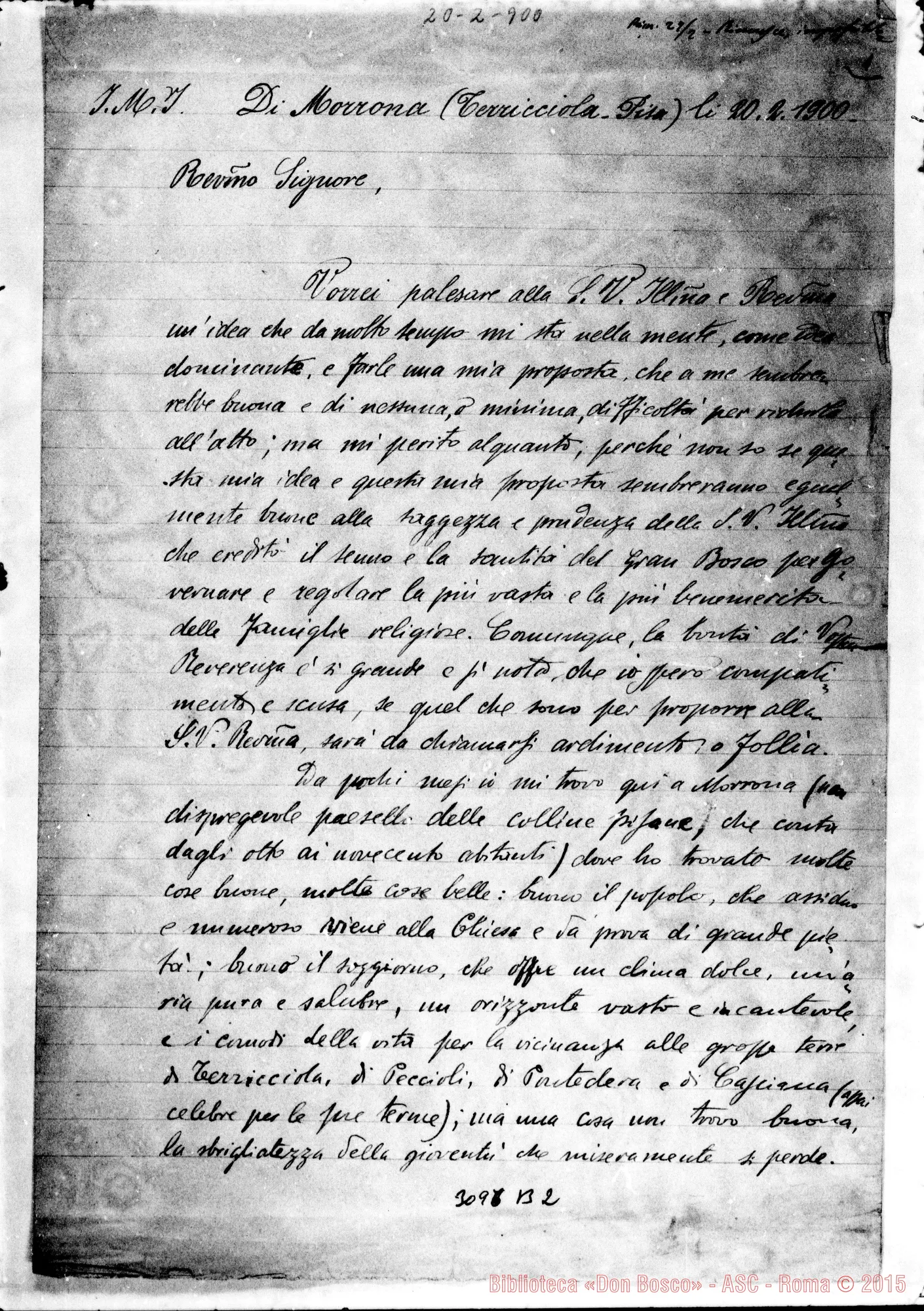 Fotogramma B 2 — Morrona: Sac. Giuseppe Levrini - Rev.mo Sig.. Morrona, 20-02-1900
