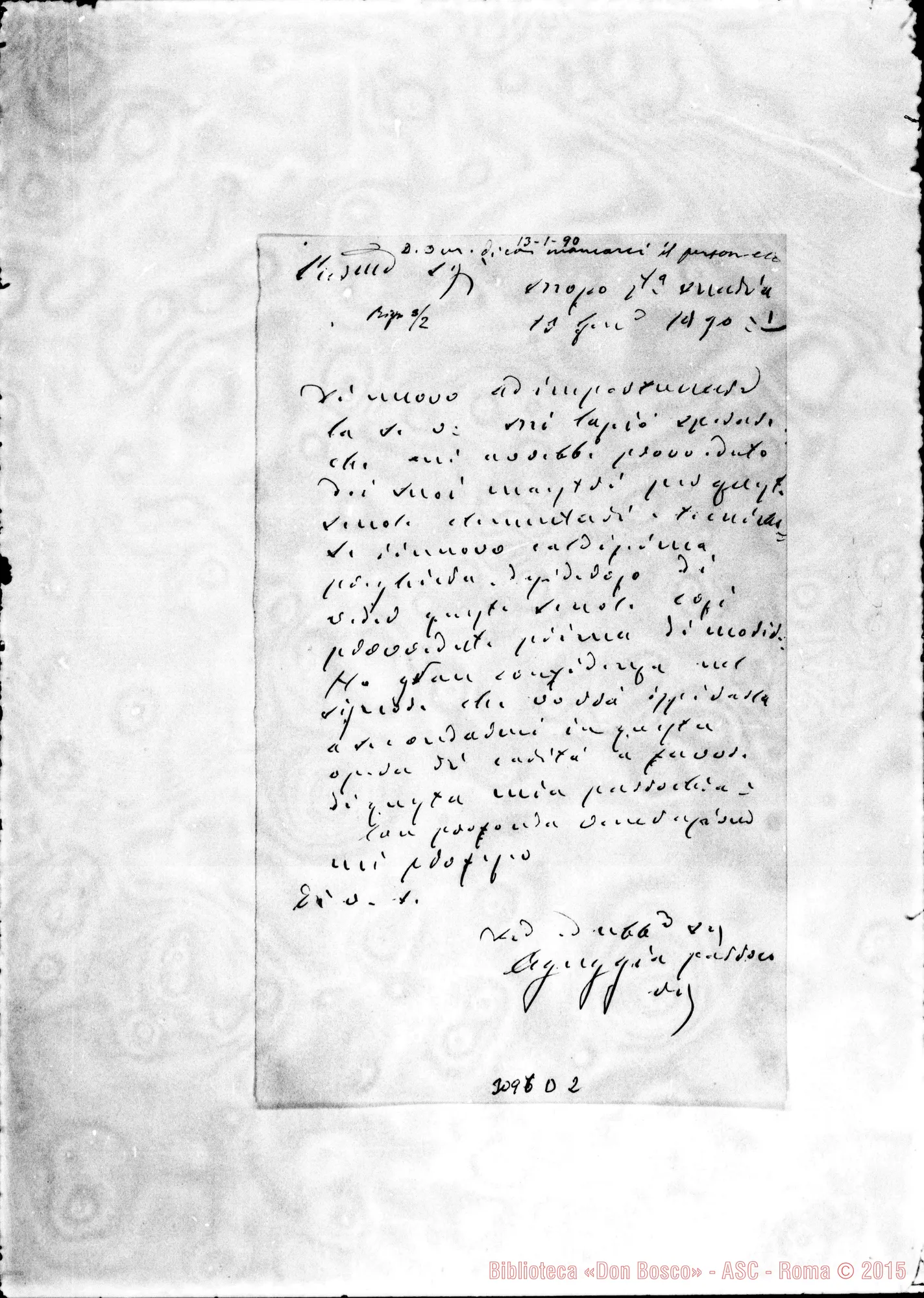 Fotogramma D 2 — Mosso S. Maria: Aguggia, parroco - Rev.do Superiore. Mosso, 13-01-1890