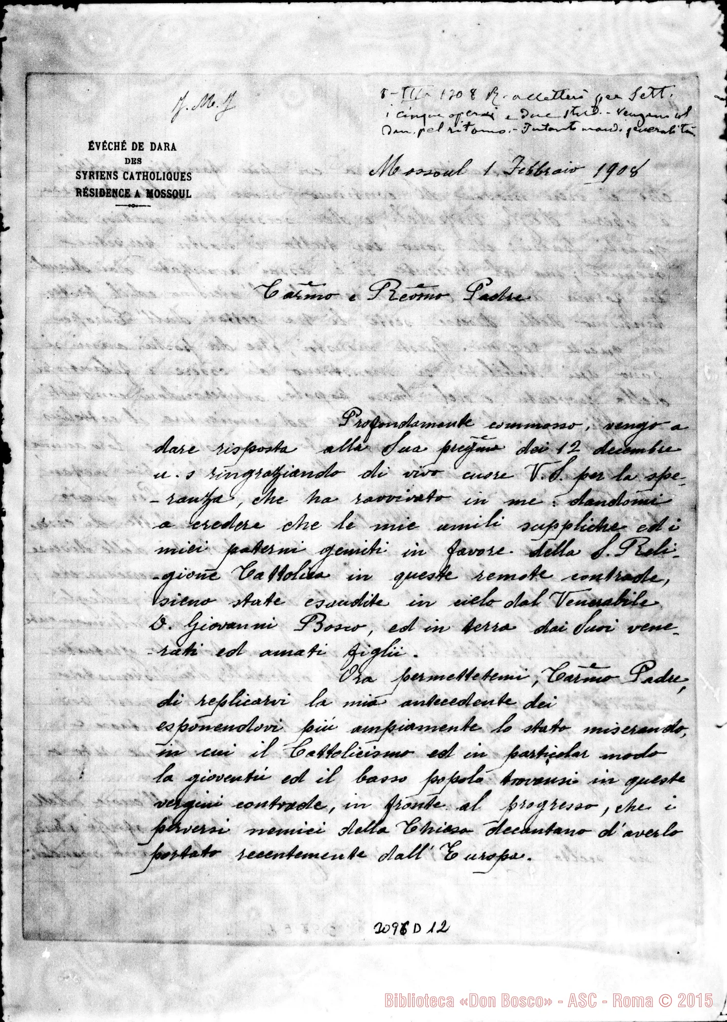 Fotogramma D 12 — Cirillo Paolo Daniel, vesc. - Rev.mo Padre. 1-02-1908. Autogr. Rua