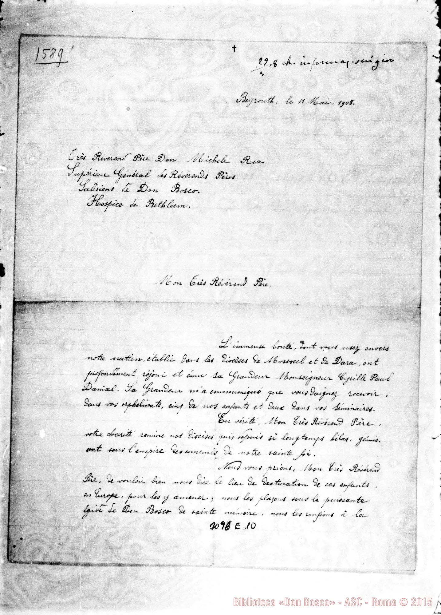 Fotogramma E 10 — L’ Abbé Joseph B. Khayatt - D. Rua. Beyrouth, 11-05-1908. Autogr. Rua