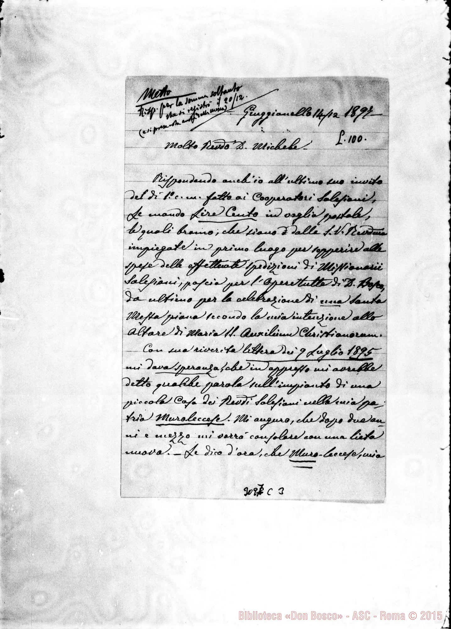 Fotogramma C 3 — Muro Leccese: Raffaele Metto, curato - D. Rua. Giugianello, 14-12-1897