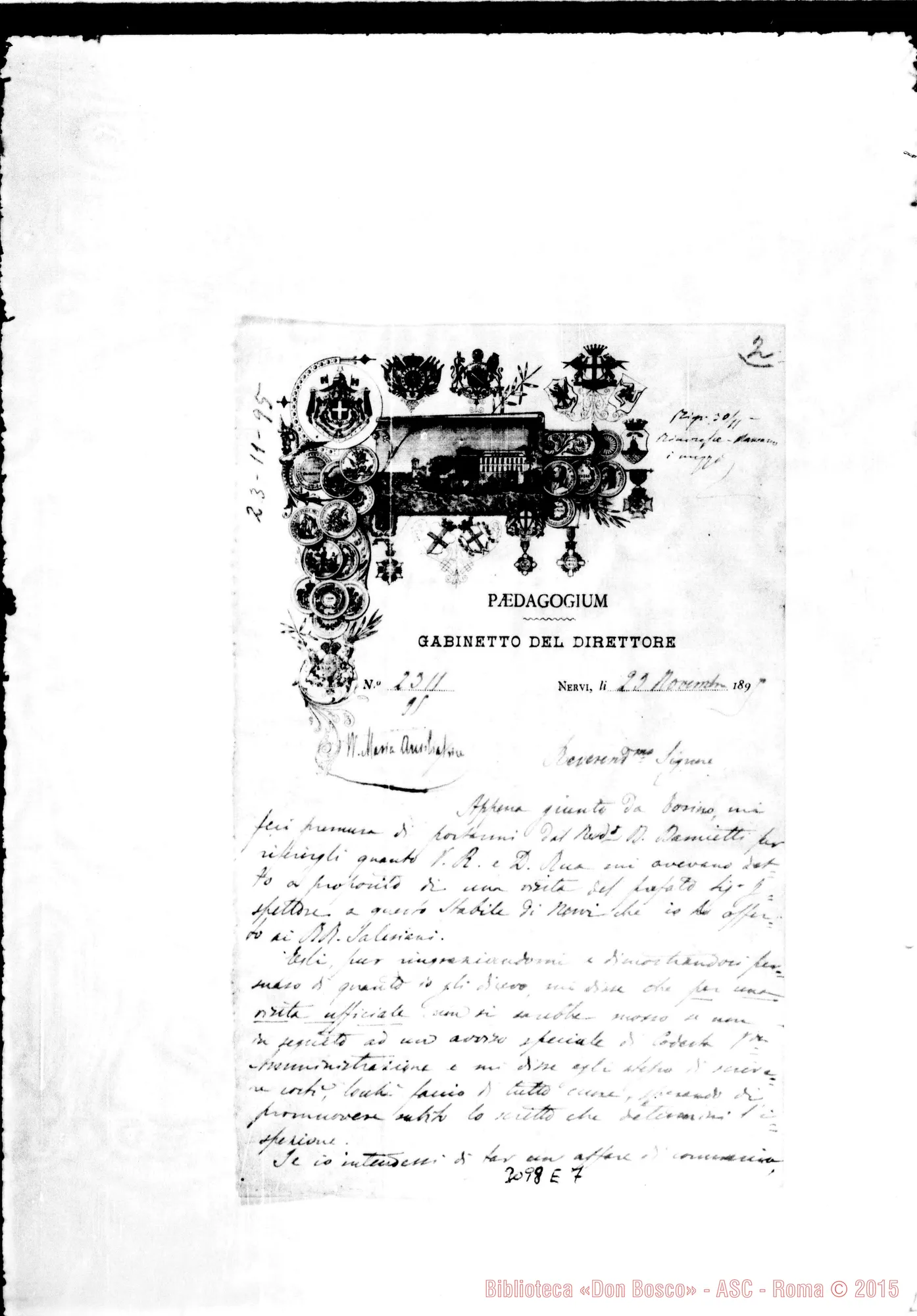 Fotogramma E 7 — Prof. G.L.Oliveros - Rev.do Signore. Nervi, 23-11-1895