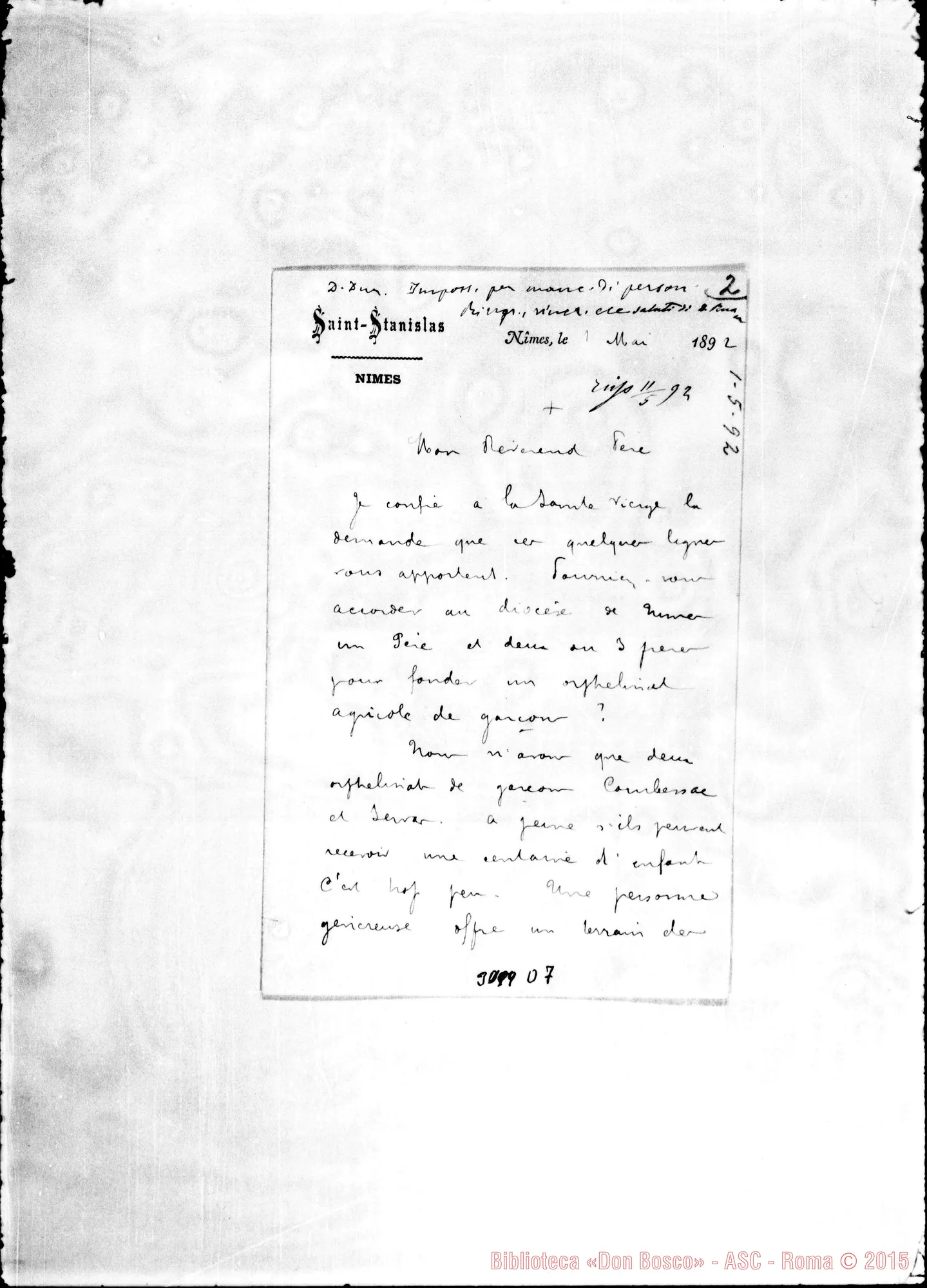 Fotogramma D 7 — L’Abbé Bonnefai - Révérend Pére. Nimes, 1-05-1892. Autogr. Rua