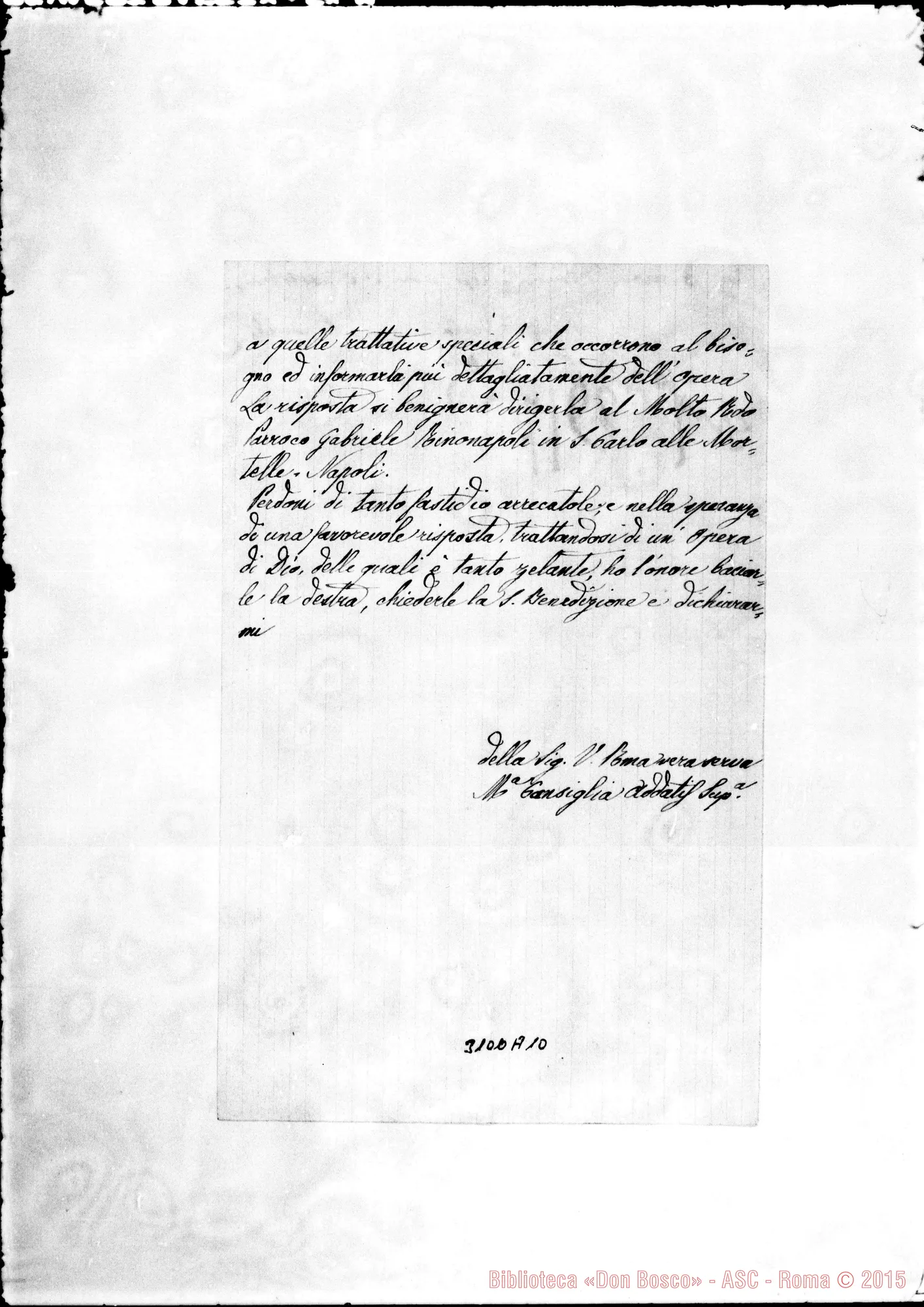 Fotogramma A 10 — Nocera: Maria Cansiglia - Rev.mo Signore. Napoli, 16-07-1895. Autogr. Rua