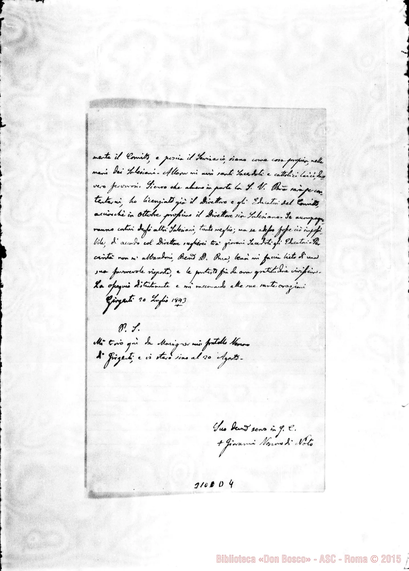 Fotogramma D 4 — Giovanni Blandini, vesc. di Noto - D. Rua. Girgenti, 20-07-1893