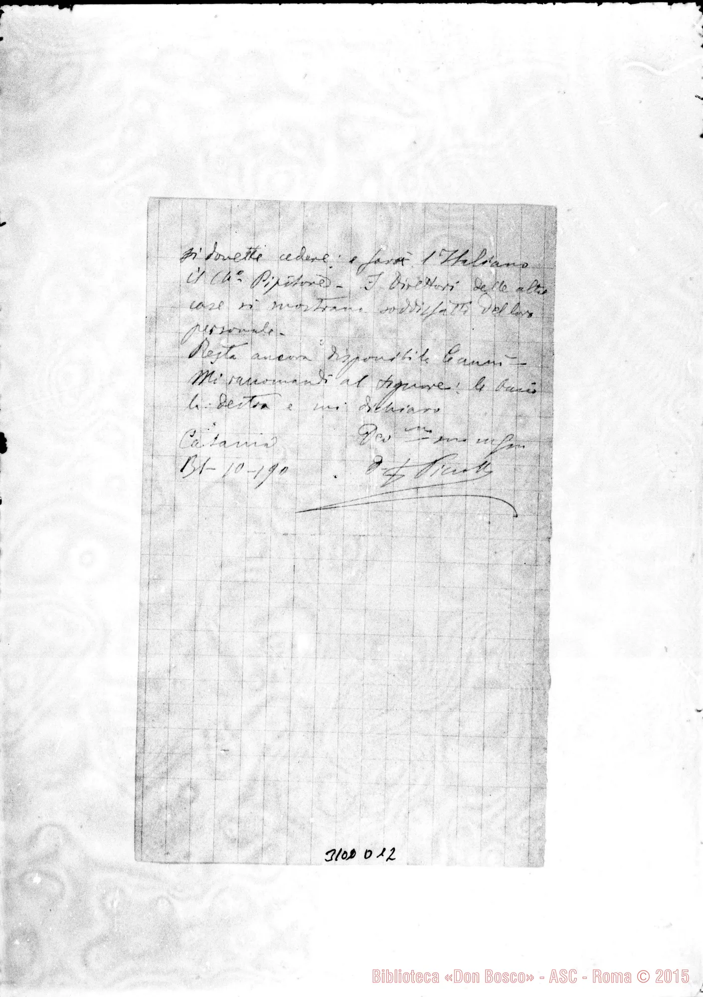 Fotogramma D 12 — D. Piccollo - A Torino. Catania, 31-10-1900. Autogr. Rua