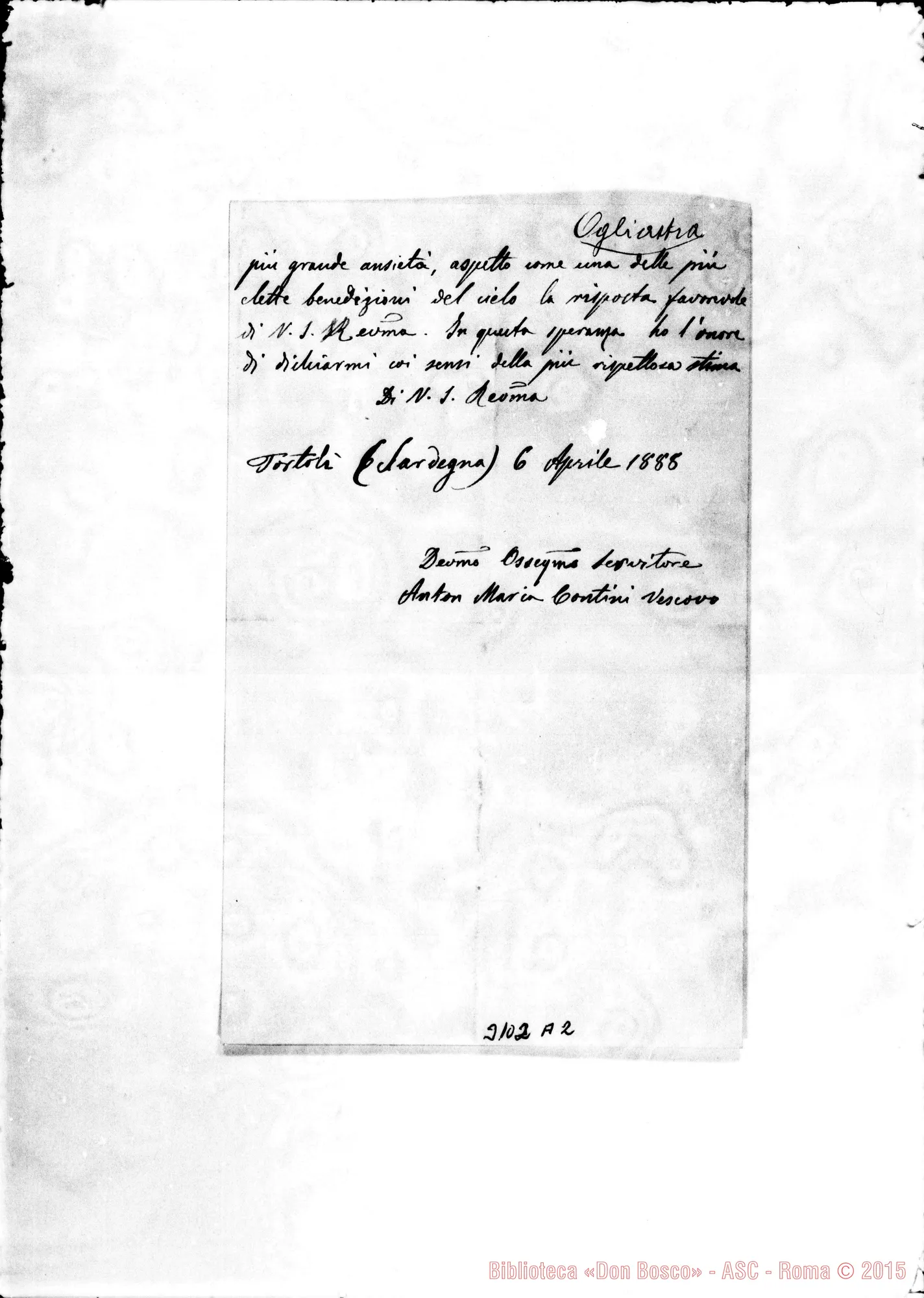 Fotogramma A 2 — Ogliastra: Anton M. Contini, vesc. - Rev.mo Signore. Tortoli, 6-04-1888. Autogr. Rua