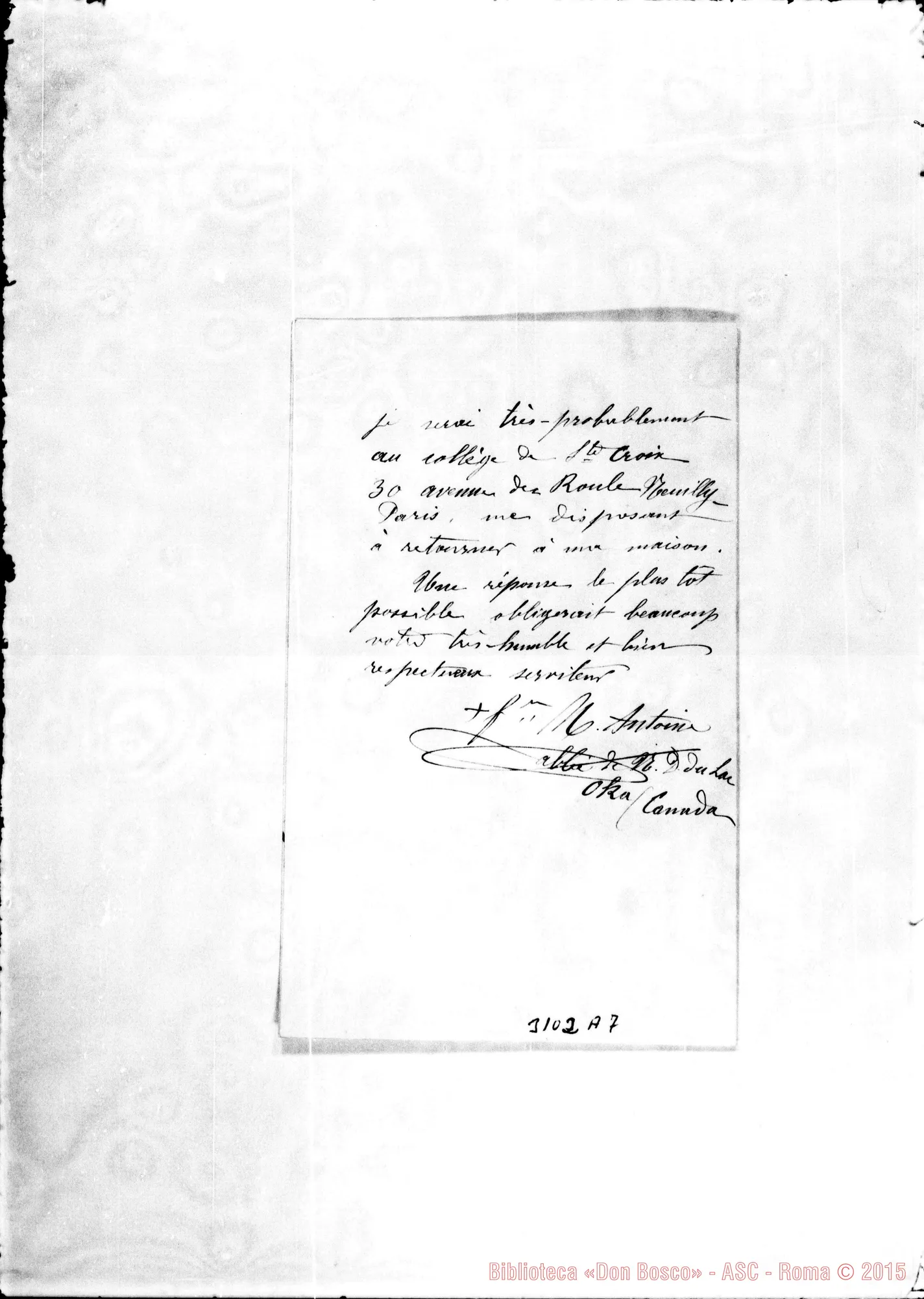 Fotogramma A 7 — Oka (Canada): M. Antoine, Abbé de N.D. du Lac. Oka, 26-11-1892