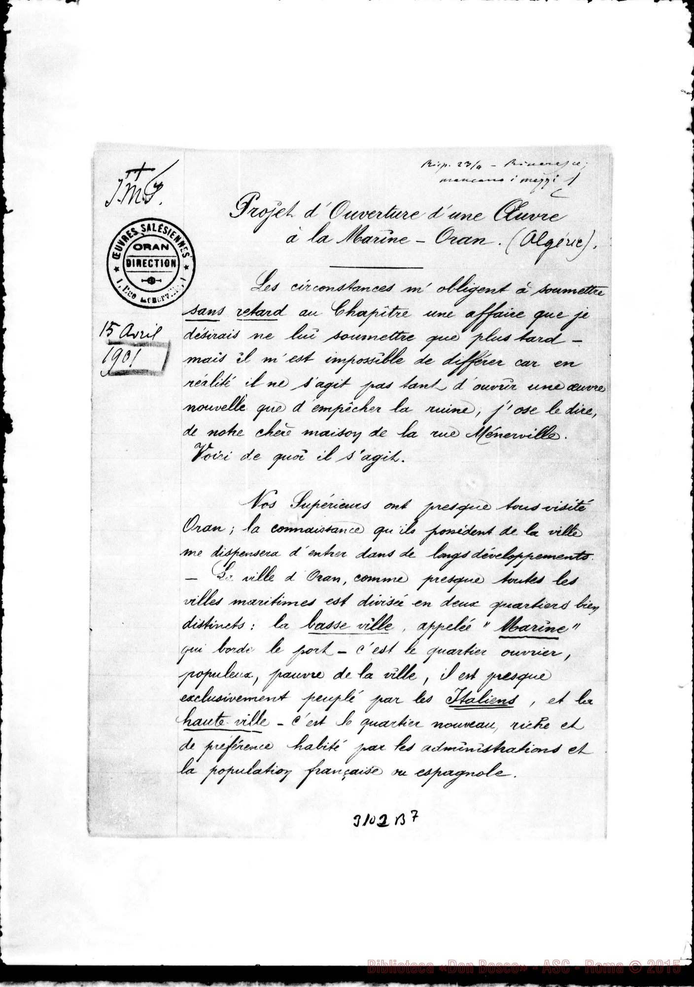 Fotogramma B 7 — Oran: Projet ¿’Ouverture d’une Oeuvre à la Marine. D. Bellamy, apr.1901