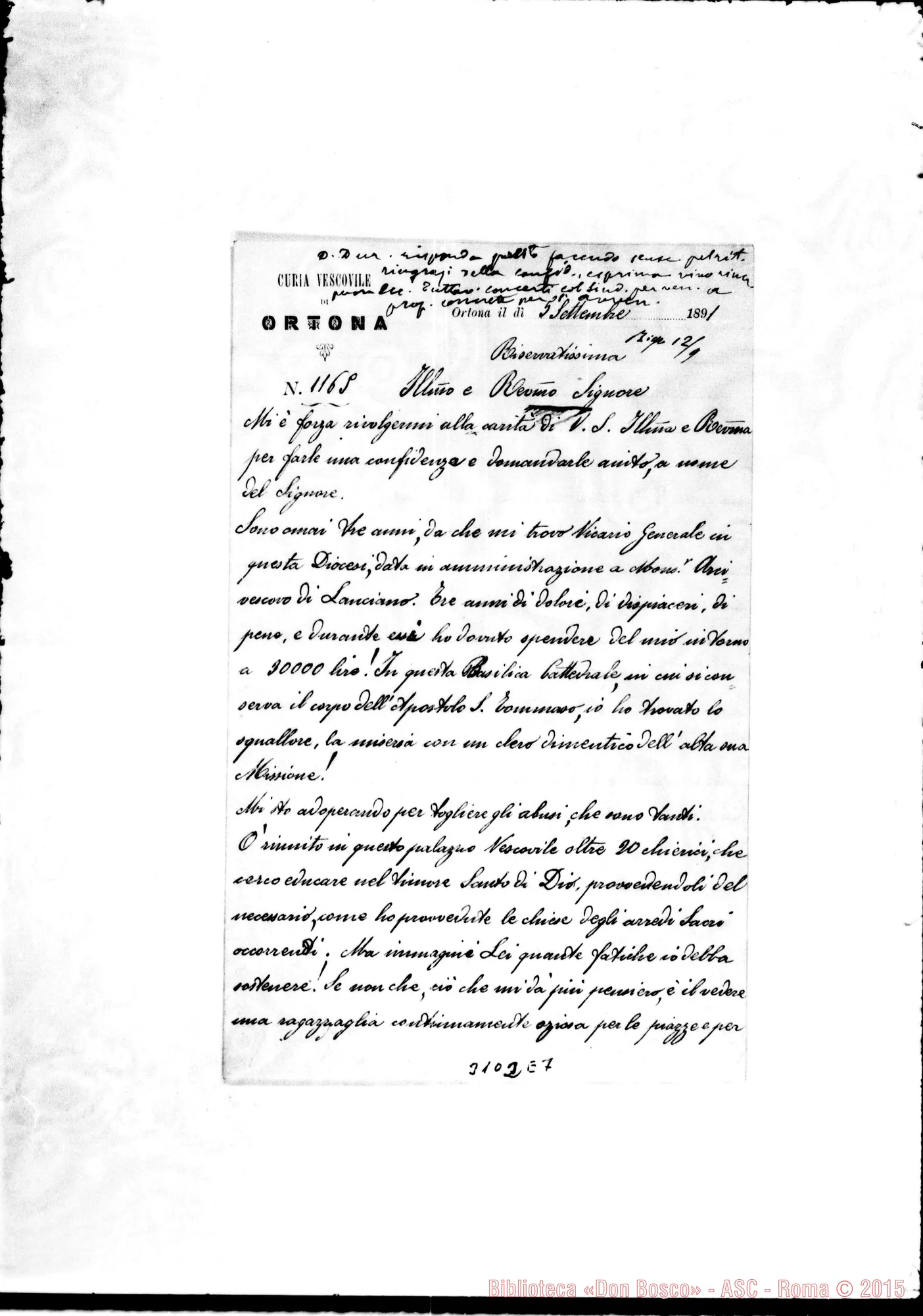 Fotogramma E 7 — Ortona: Pasquale delle Carceri, mons. - Rev.mo Sig.. Set. 1891. Autogr. Rua