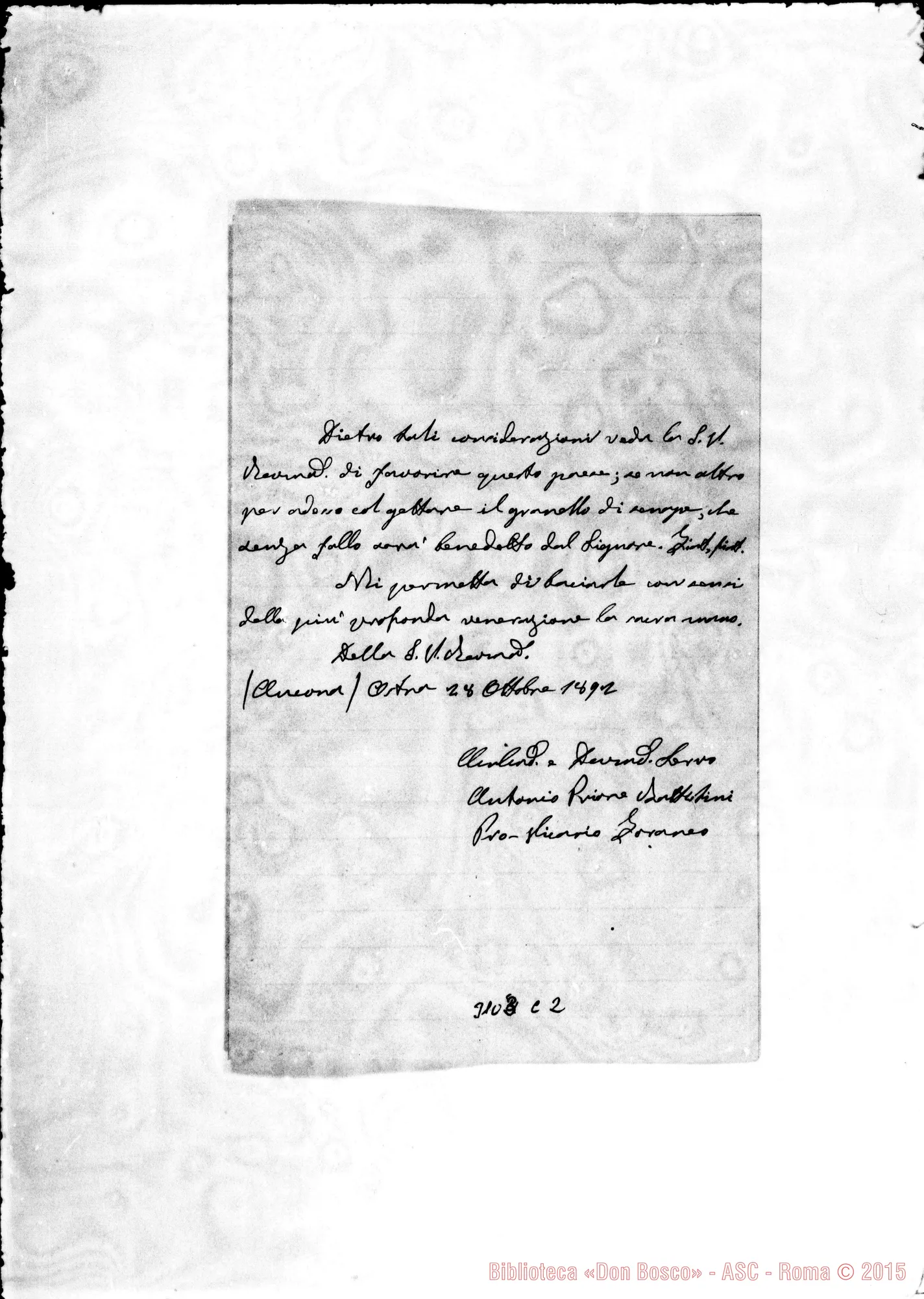 Fotogramma C 2 — D. Antonio Battistini - Rev.mo Sig.. Ostra, 28-10-1892