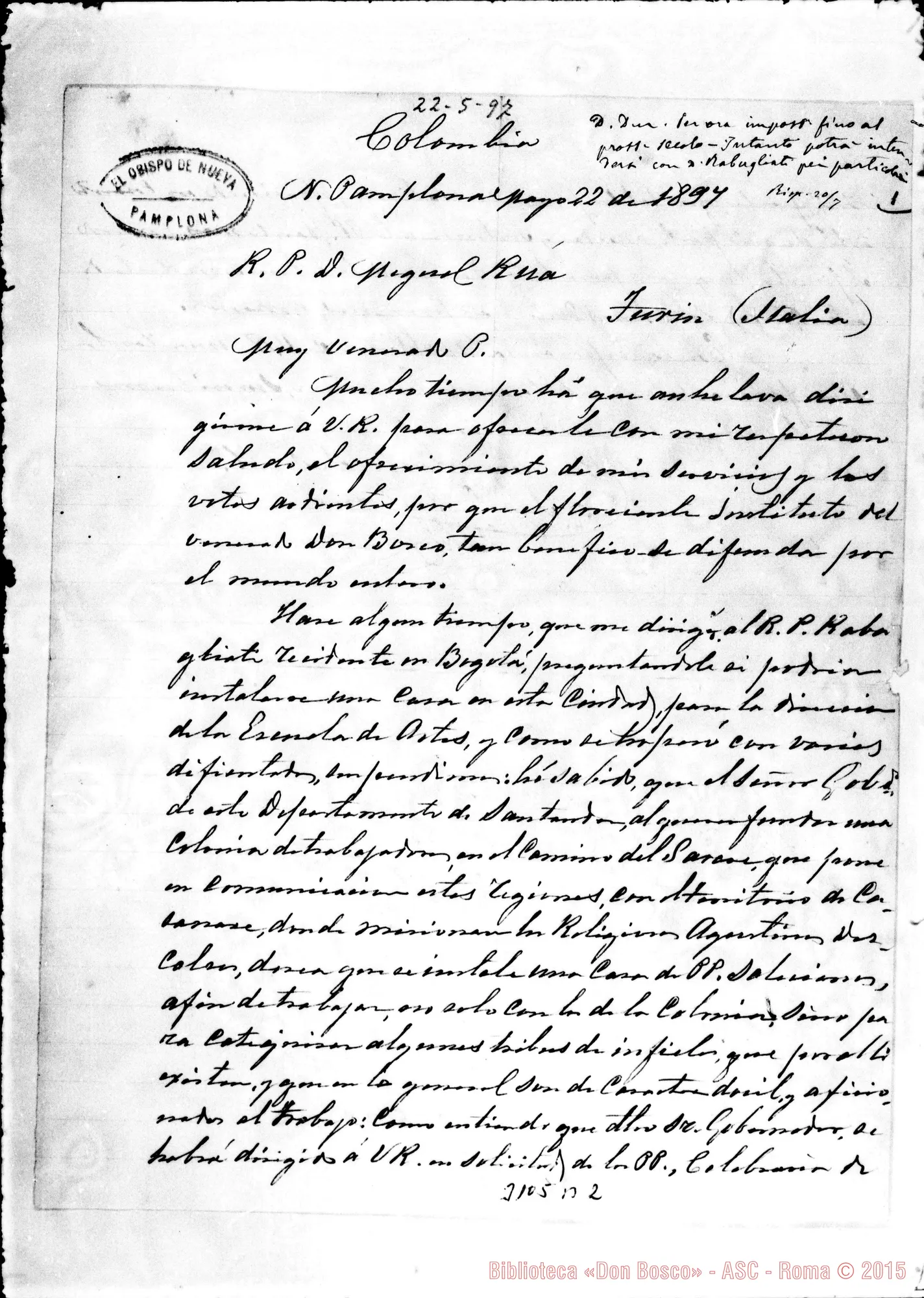 Fotogramma B 2 — Pamplona (Colombia): Ignazio Antonio Parra, vesc. di Pamplona - D. Rua. Autogr. Rua