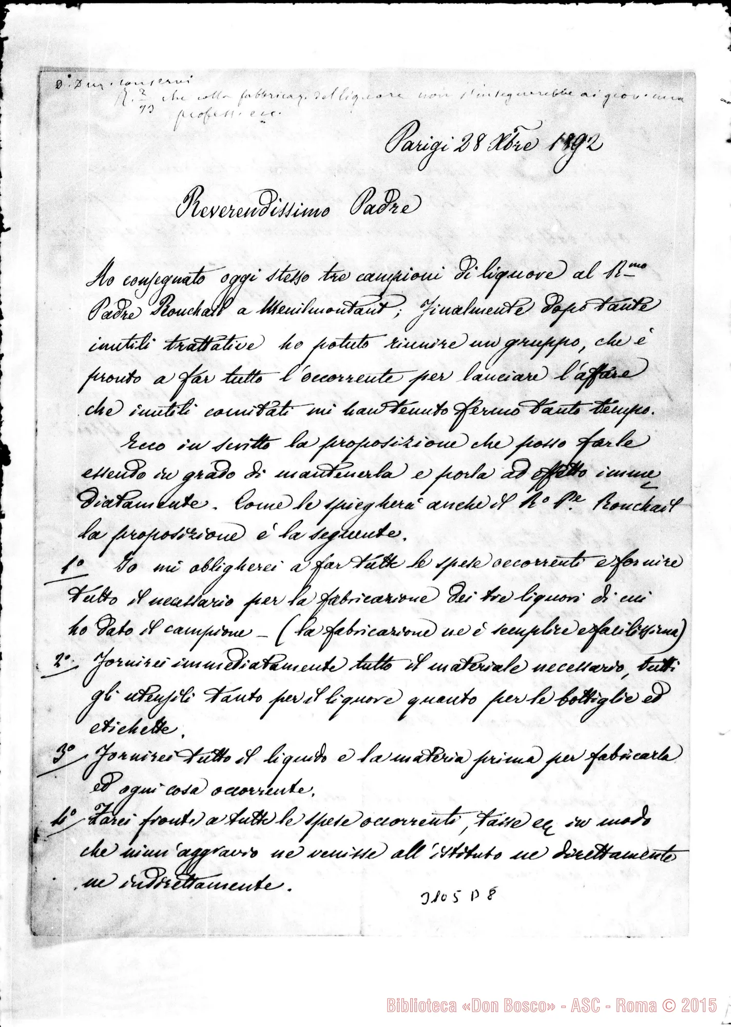 Fotogramma D 8 — Avv. Ludovico Vignati - Rev.mo Padre. Parigi, 28-12-1892. Autogr. Rua