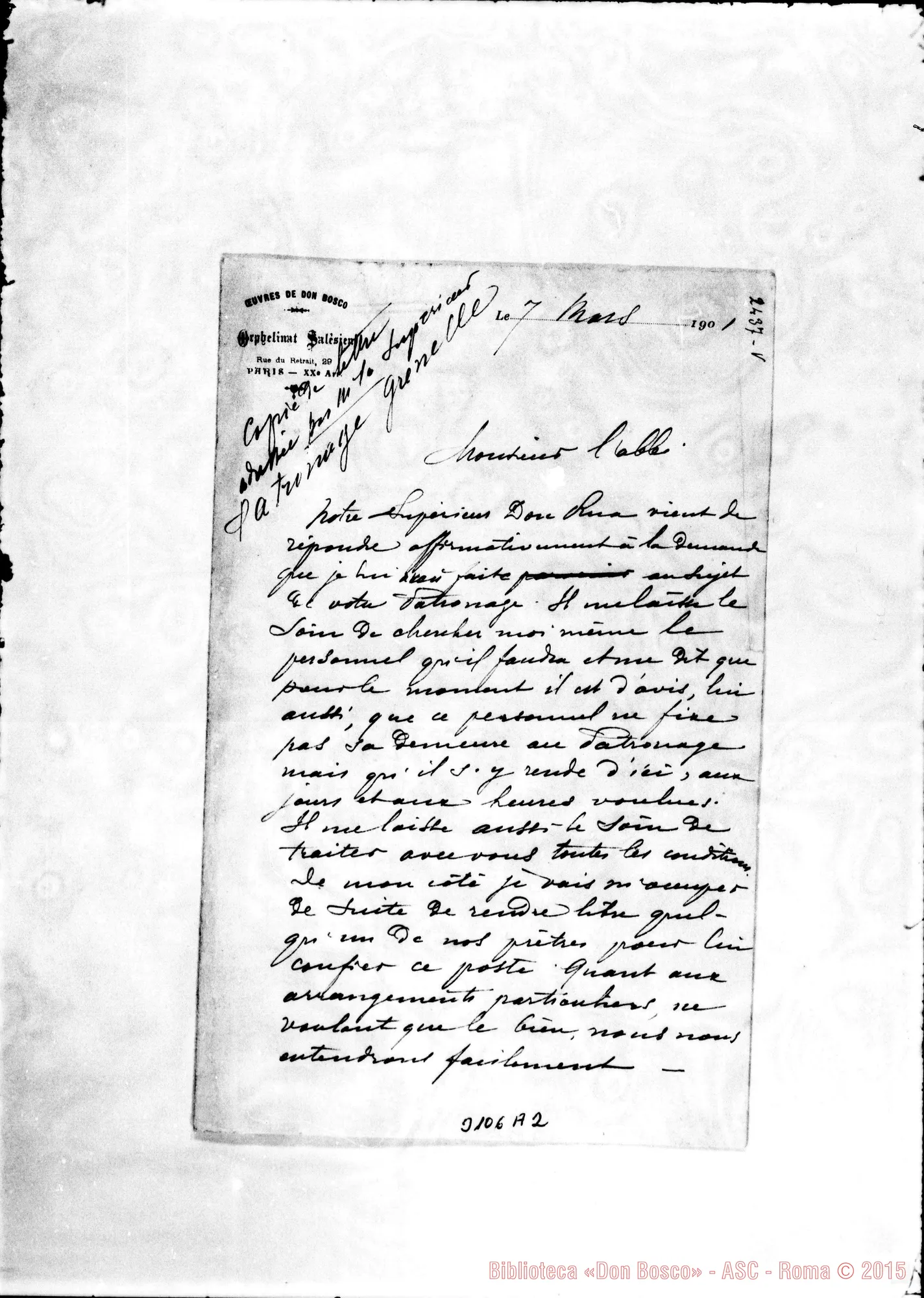 Fotogramma A 2 — D. Bologna - Monsieur L’Abbé. Paris, 7-03-1901. Copia di lettera