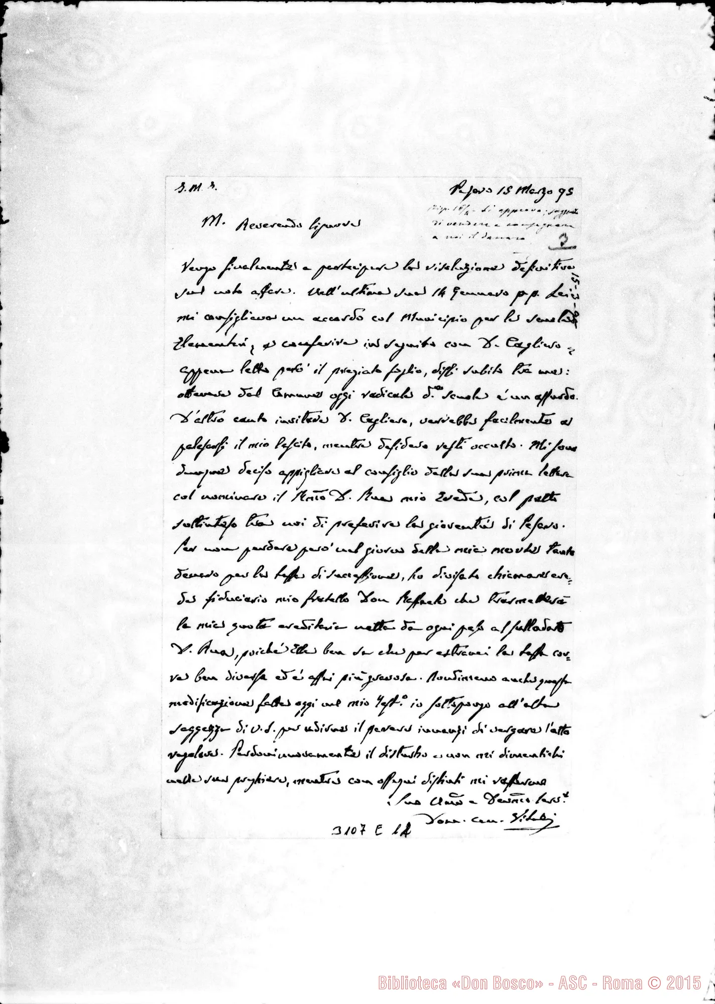 Fotogramma E 11 — Domenico Can. Vitali - Rev.do Signore. Pesaro, 15-03-1895