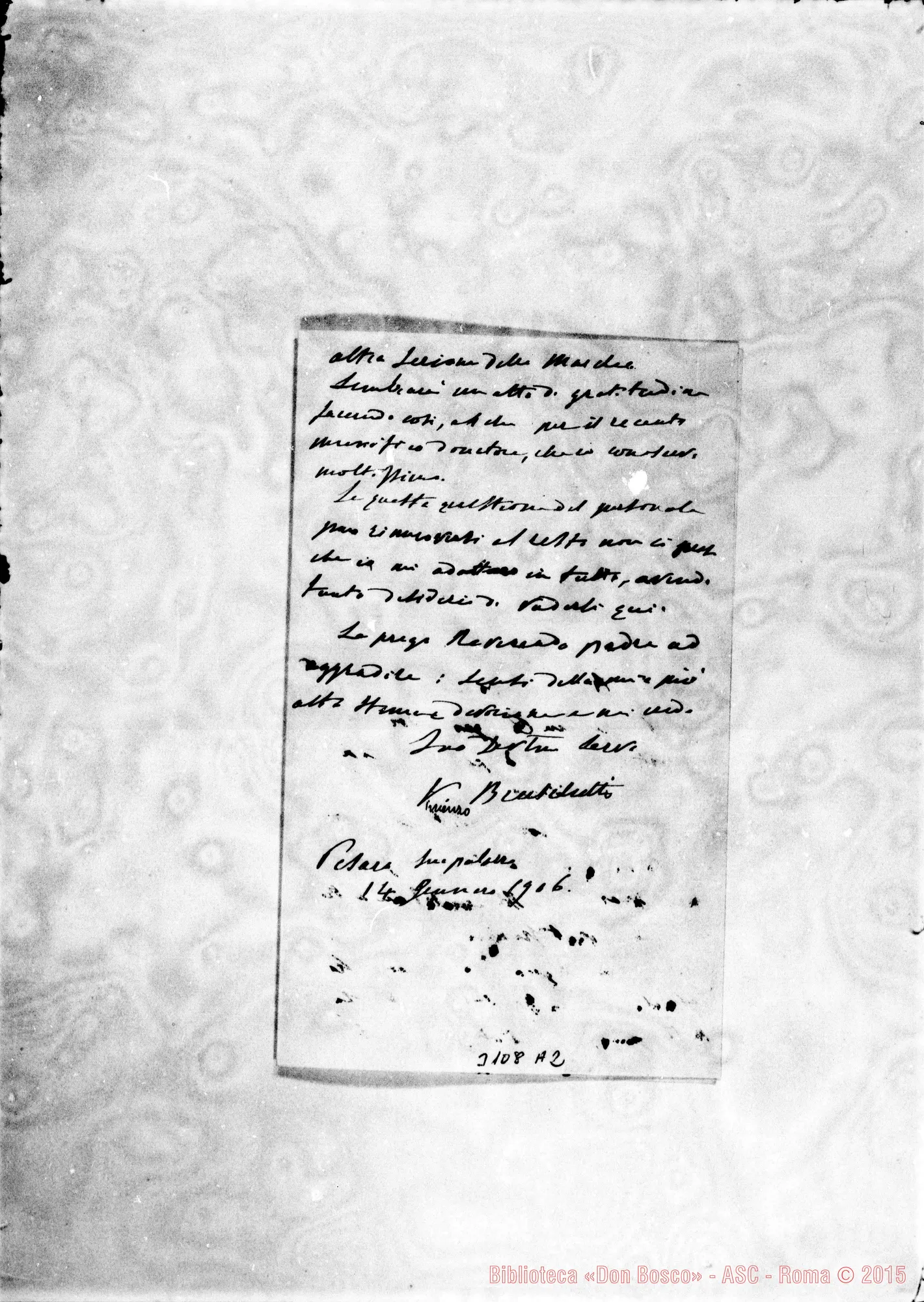 Fotogramma A 2 — Vincenzo Bruschetti - Rev.do Padre. Autogr. Rua. Pesaro, 14-01-1906