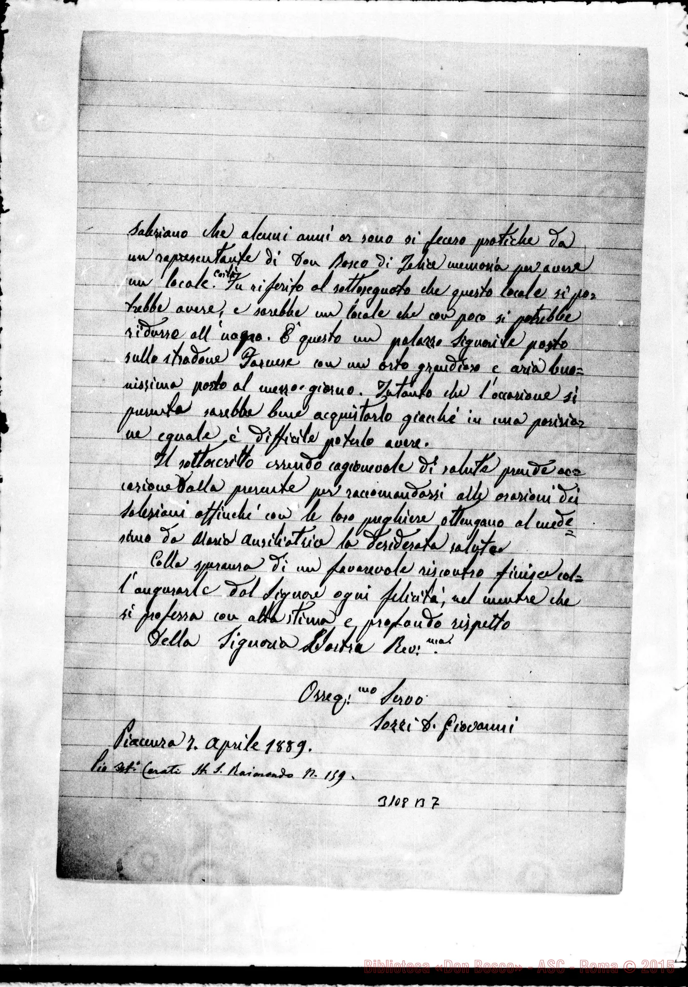 Fotogramma B 7 — Piacenza: Sozzi D. Giovanni - D. Rua. Piacenza, 7-04-1889. Autogr. Rua