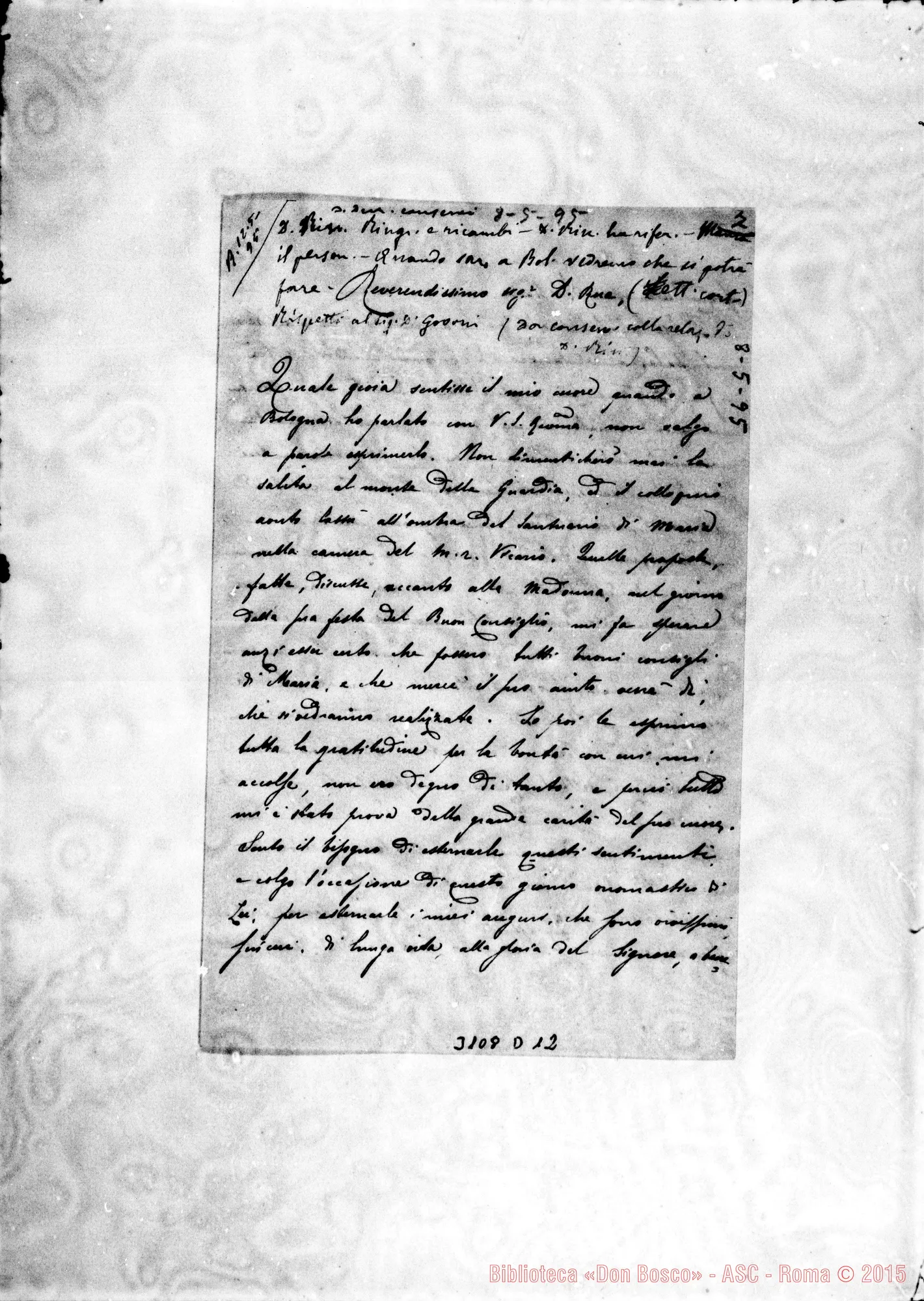 Fotogramma D 12 — D. Alfonso Terzi - D. Rua. Pieve di Cento, 8-05-1895. Autogr. Rua