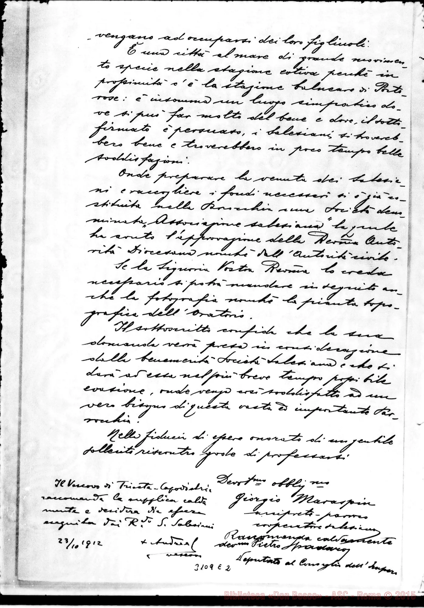Fotogramma E 2 — Postilla del vesc. di Trieste. 23-10-1912