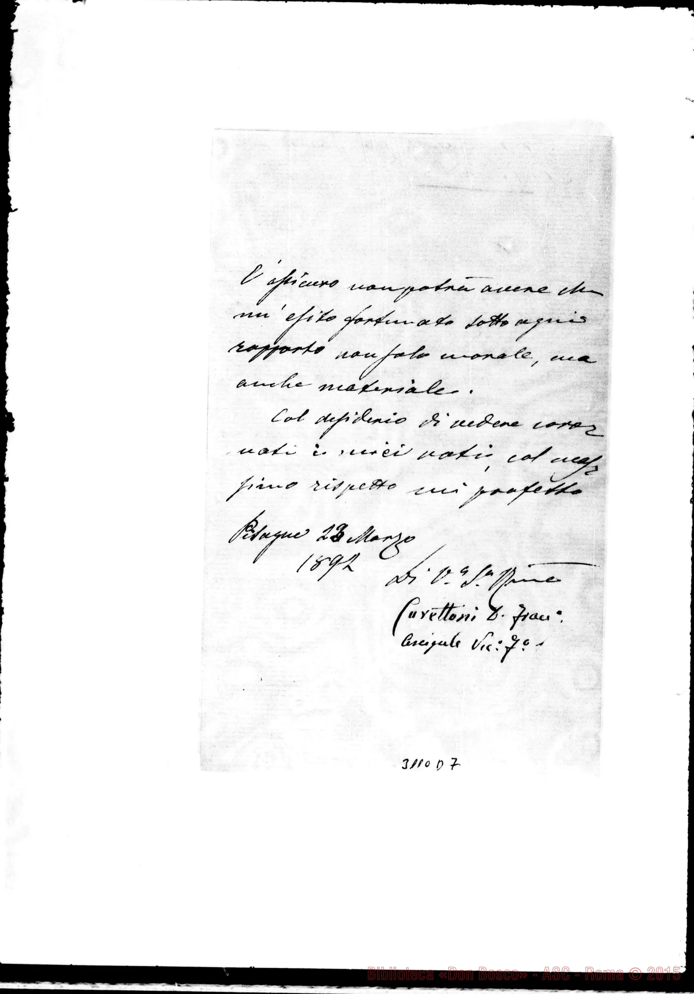 Fotogramma D 7 — Pisogne: Carettoni D. Francesco, vie. gen. - Rev.do Sig.. Mar. 1897. Autogr. Rua