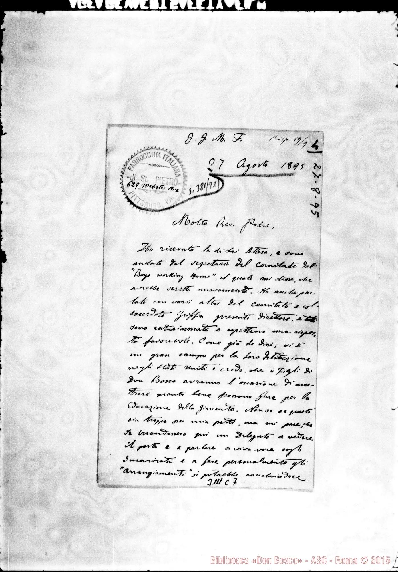 Fotogramma C 7 — Fra Sisto Lagorio - Rev.do Padre. Pittsburgh, 27-08-1895