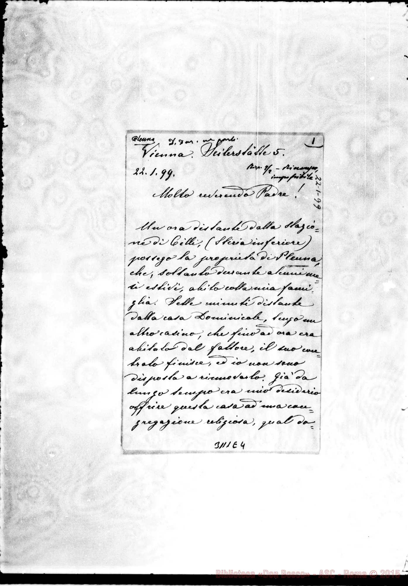 Fotogramma E 4 — Pleuna: Marchesa Hersile de Beck - Révérend Pére. Vienna, 22-01-1899. Autogr. Rua