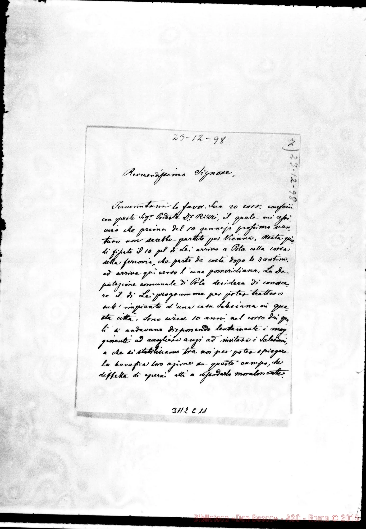 Fotogramma C 11 — D. Basilisco, parroco - Rev.mo Signore. Pola, 23-12-1898