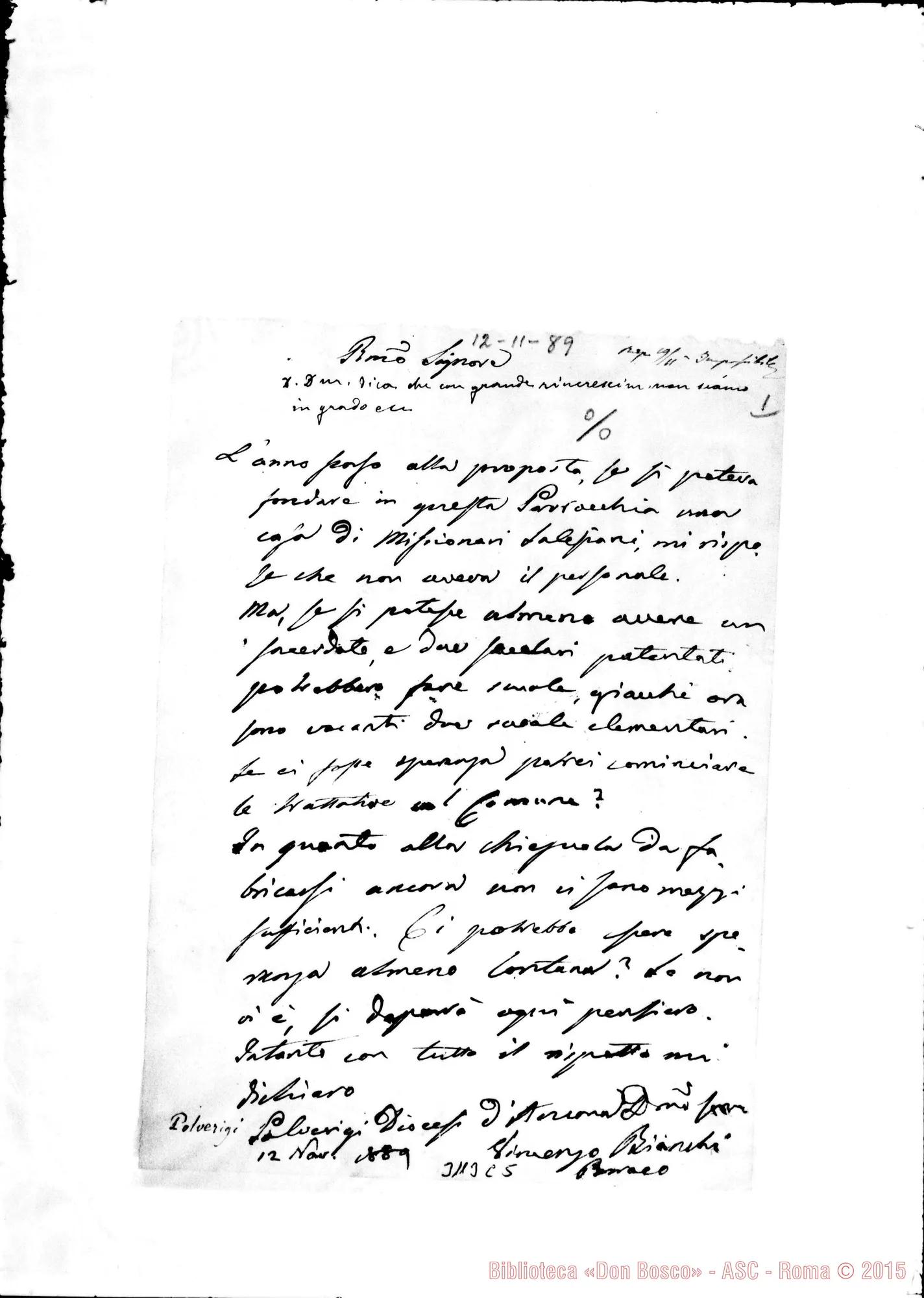 Fotogramma C 5 — Polverigi: Vincenzo Bianchi, parroco - Rev.mo Sig.. Polverigi, 12-11-1889. Autogr. Rua