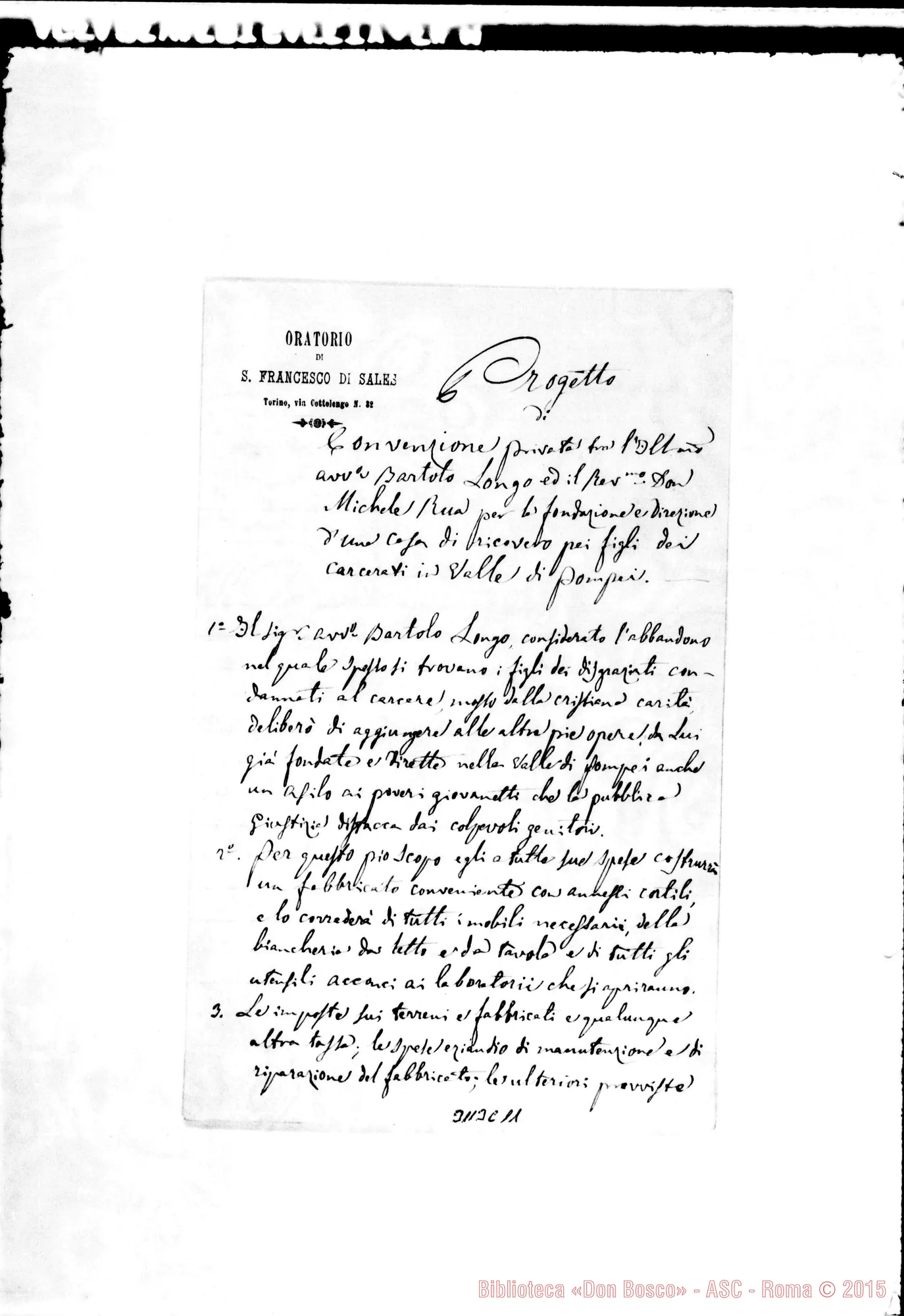 Fotogramma C 11 — Pompei: Progetto di Convenzione: Avv. Bartolo Longo E D. Rua. Due stesure
