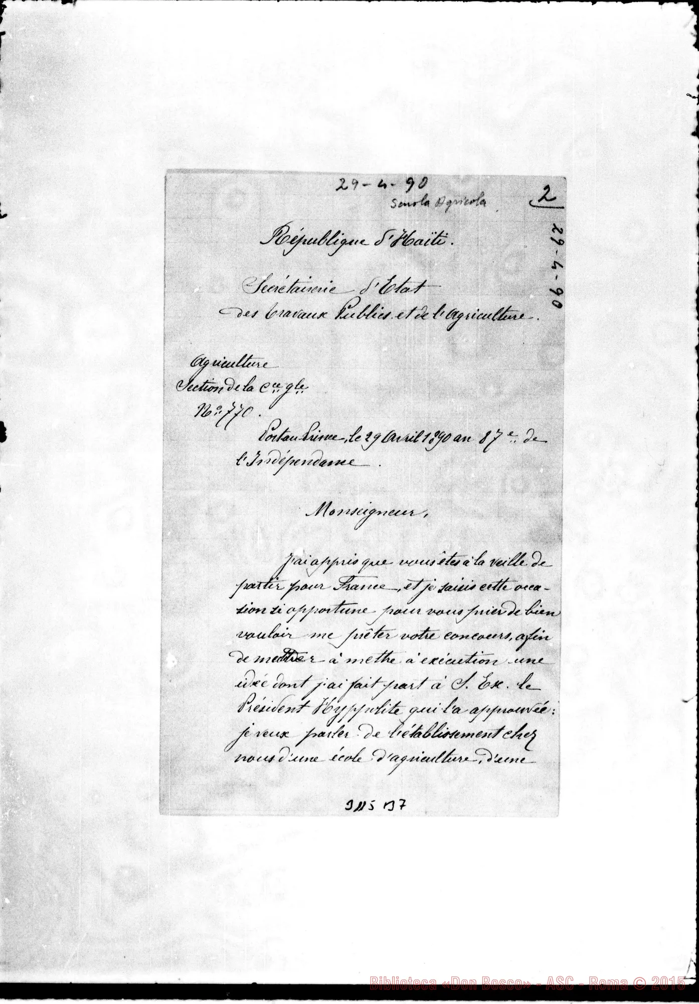 Fotogramma B 7 — Port-au-Prince: Dal Ministero dei Lavori Pubblici - Monsieur. Haiti, 29-04-1890