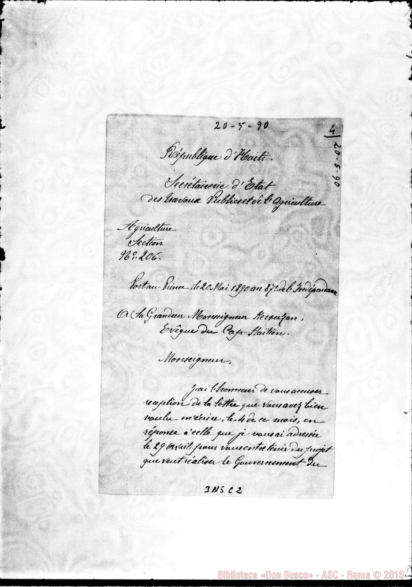 Fotogramma C 2 — Ministero Lavori Pubblici - Vesc. Kersuzan, di Haiti. 20-05-1890. Copia