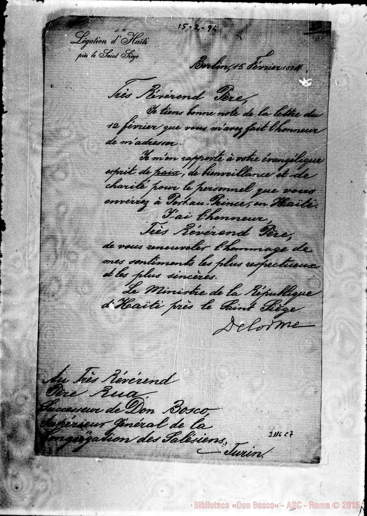 Fotogramma C 7 — D. Delorme - D. Rua. Berlin, 5-02-1894. Autogr. Rua