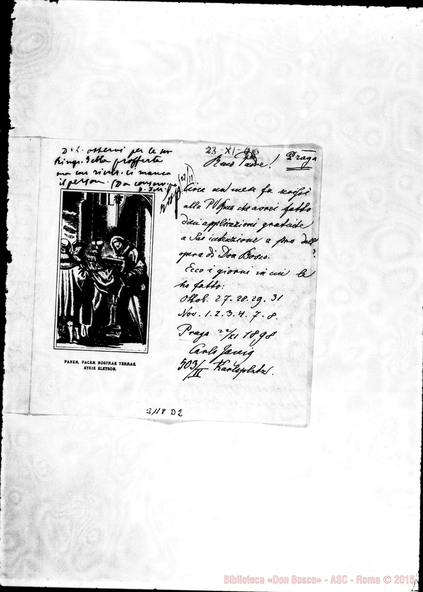 Fotogramma D 2 — Praga: Carlo Janic, sac. - Rev.mo Padre. Praga, 23-11-1898. Autogr. Rua
