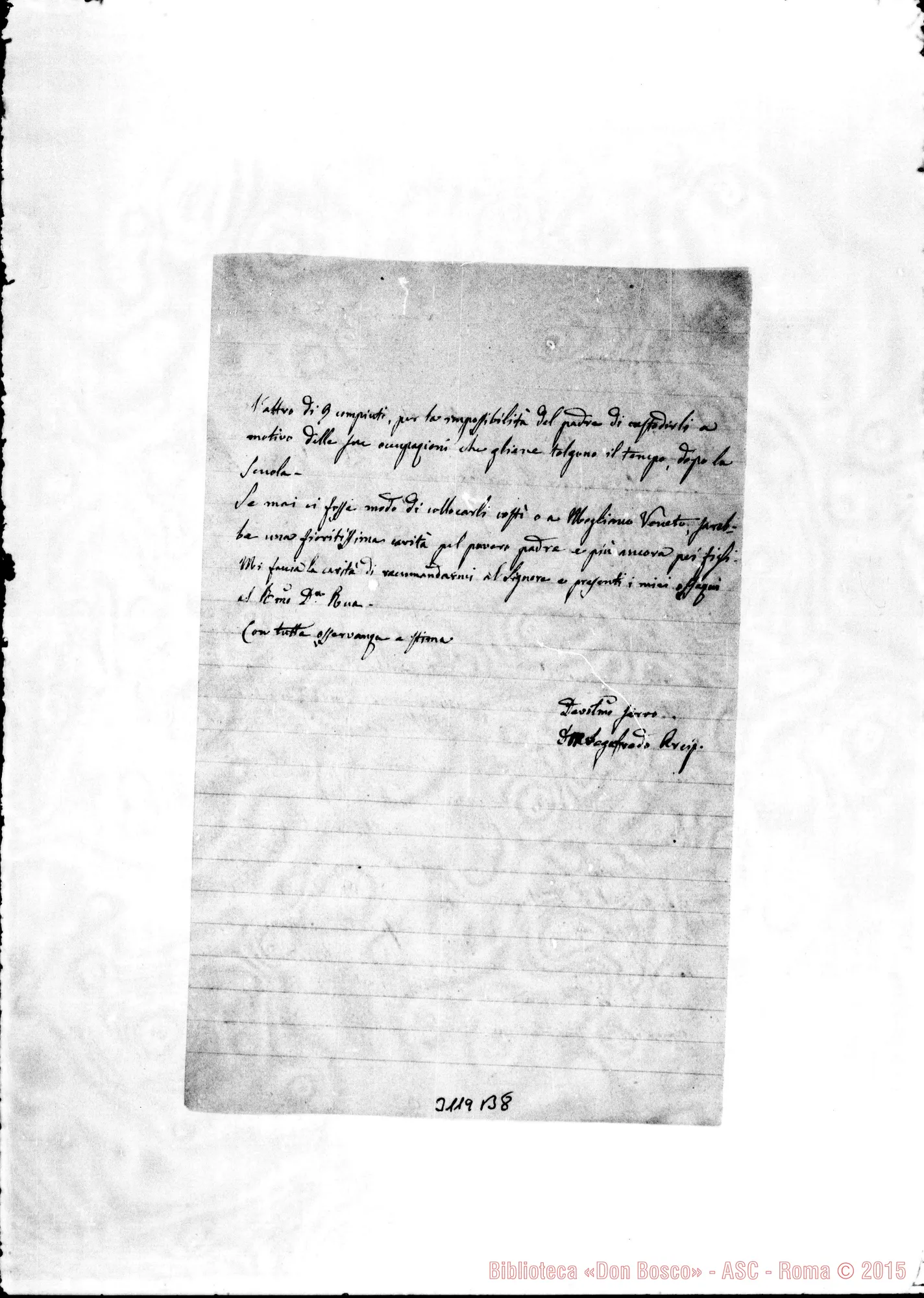 Fotogramma B 8 — D. Matteo S., arciprete - Rev.mo Signore. Quero, 8-10-1889