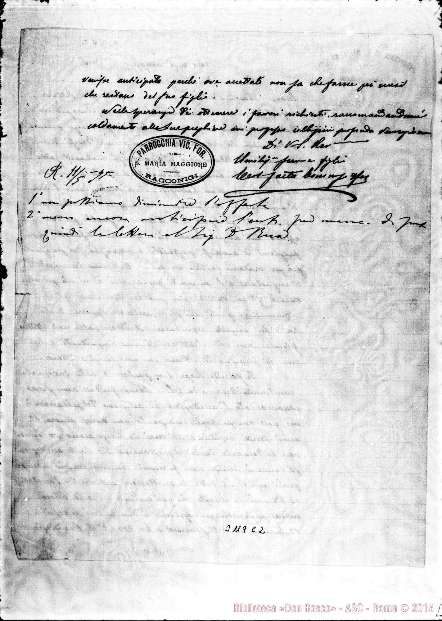 Fotogramma C 2 — Racconigi: Vic.For. di Racconigi - Rev.mo Sig.. Racconigi, 8-05-1895. Autogr. Rua