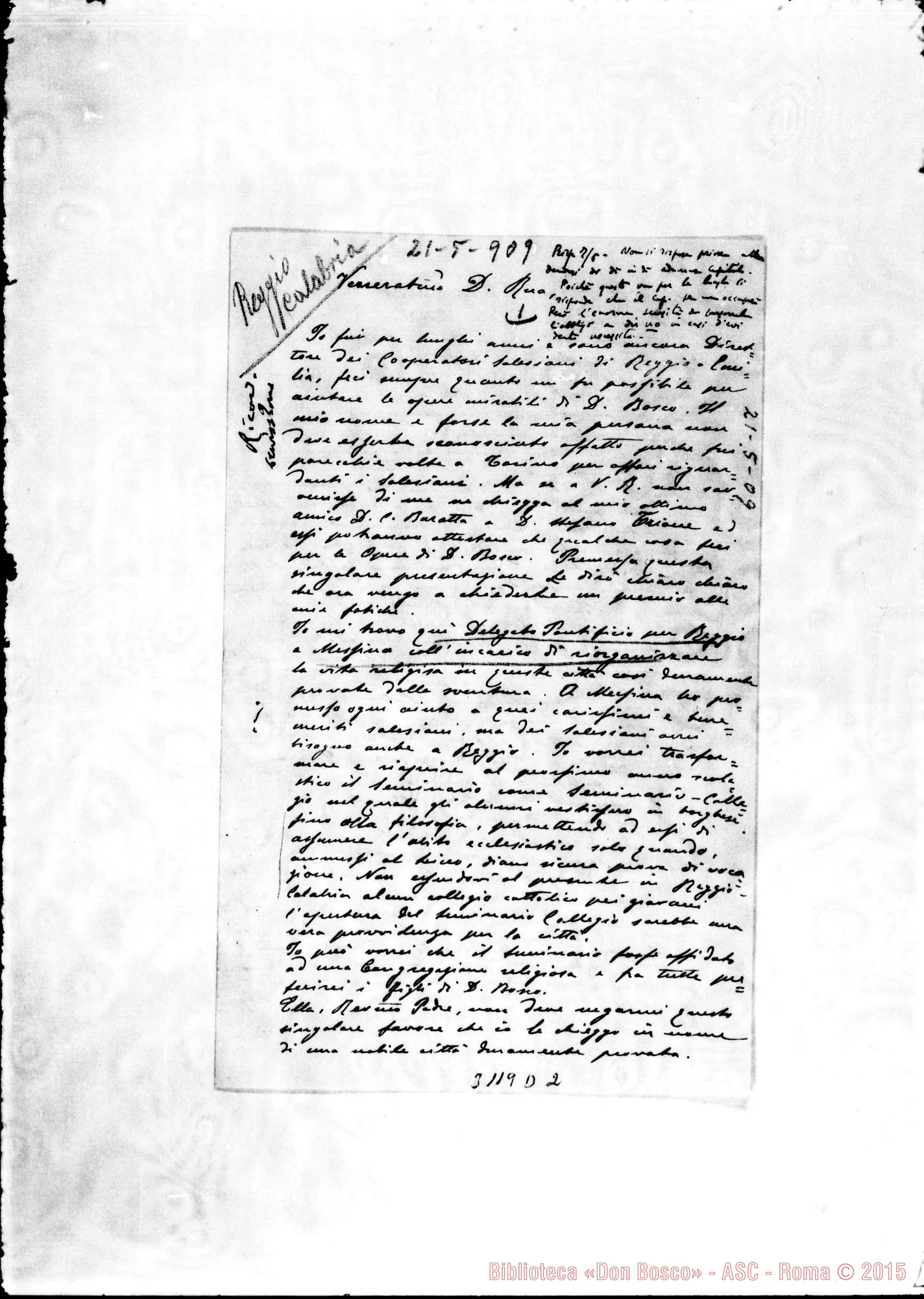 Fotogramma D 2 — Reggio Calabria: Can. Emilio C., Deleg. Apost. - D. Rua. Reggio C., 21-05-1909