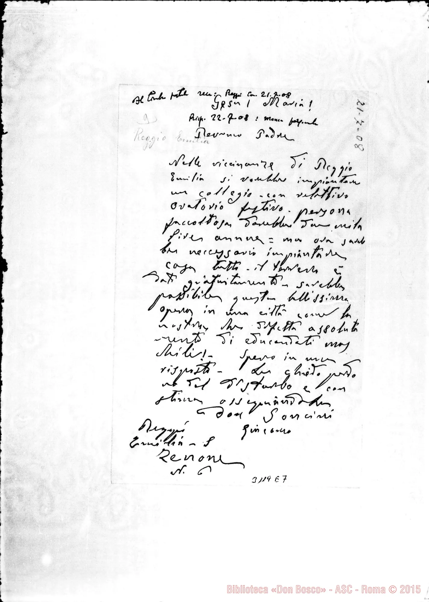 Fotogramma E 7 — D. Soncini - Rev. Padre. Reggio Emilia, 21-07-1908