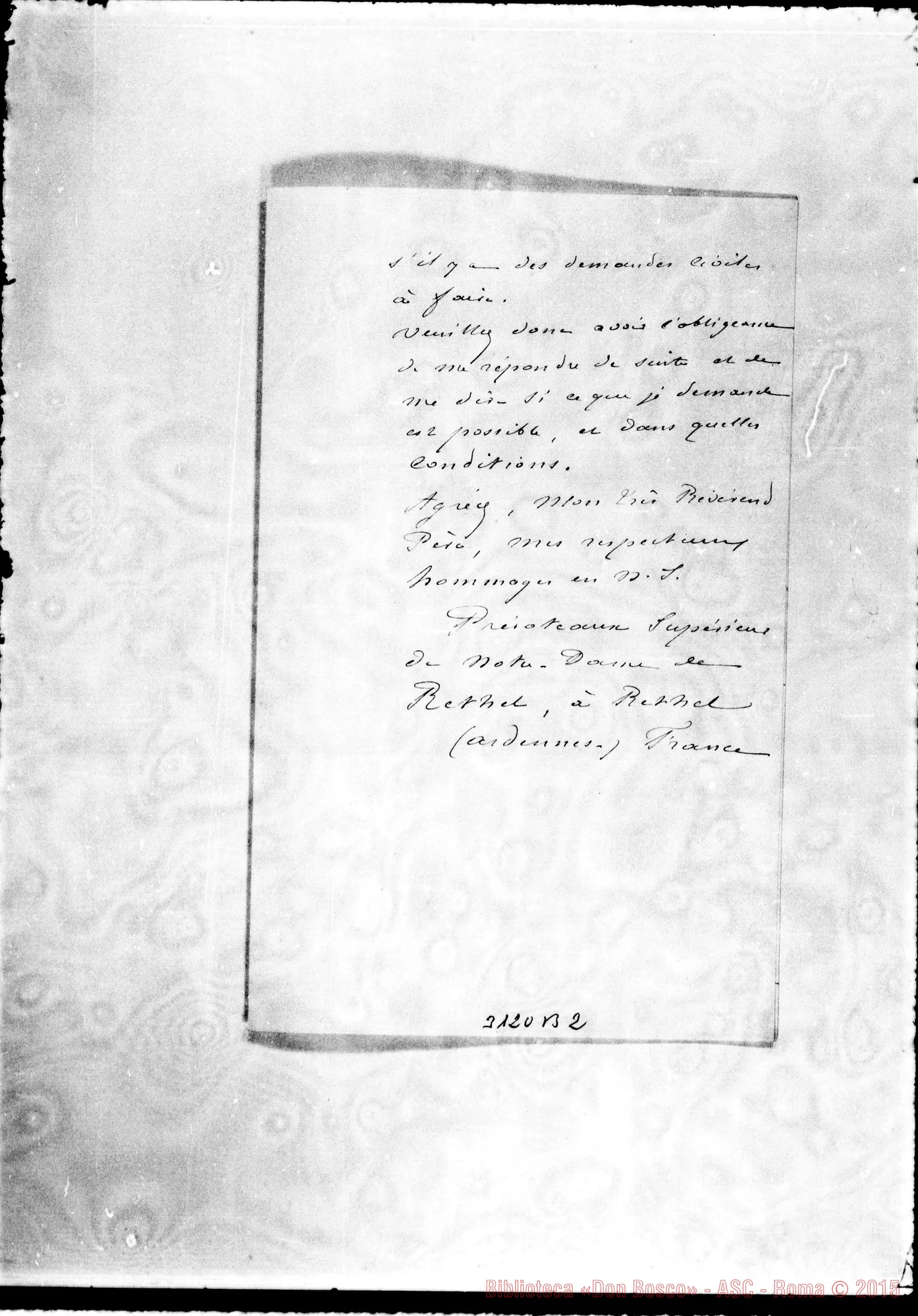 Fotogramma B 2 — Rethel: Predoteaux, superiore di Notre Dame de Rethel - Révérend Pére. Rethel, 15-08-1892. Autogr. Rua
