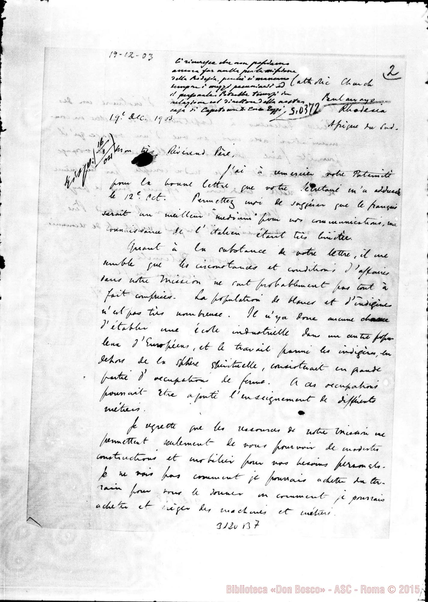 Fotogramma B 7 — Lettera A Révérend Pére da Afrique du Sud, il 19-12-1903