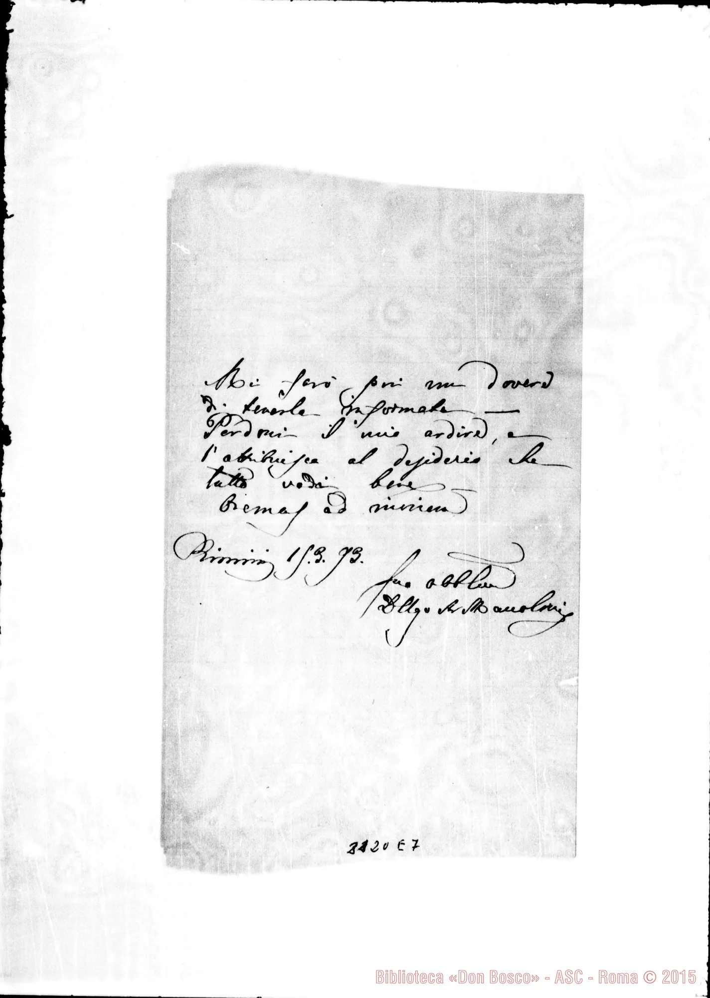 Fotogramma E 7 — D. Ugo Maccolini - Rev.do Signore. Rimini, 15-03-1893