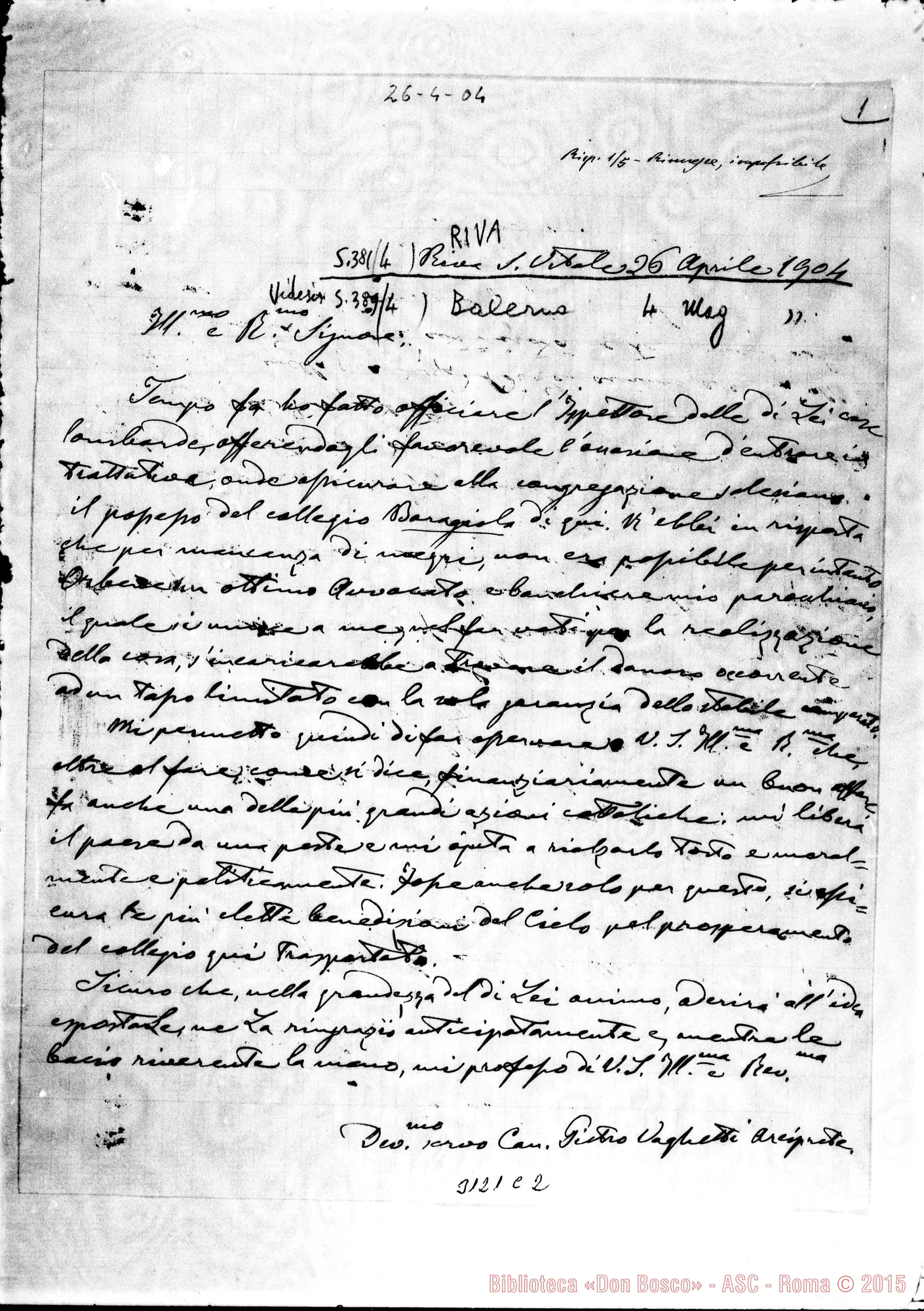 Fotogramma C 2 — Riva S. Vitale: Can Pietro Vaghetti, arciprete - Rev.mo Signore. Riva, 26-04-1904