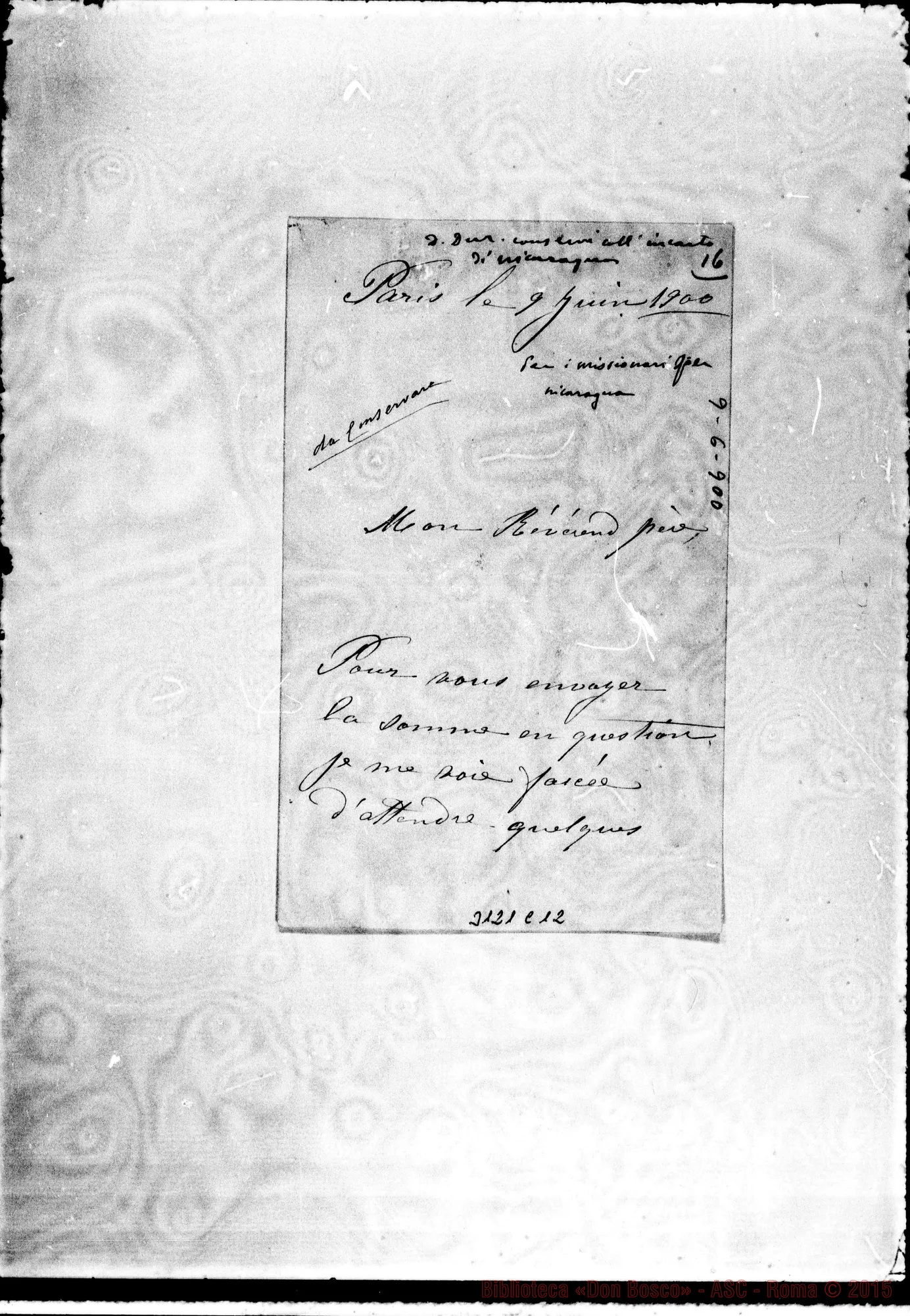 Fotogramma C 12 — Marie L. Carit - Révérend Pére. Paris, 9-06-1900. Autogr. Rua