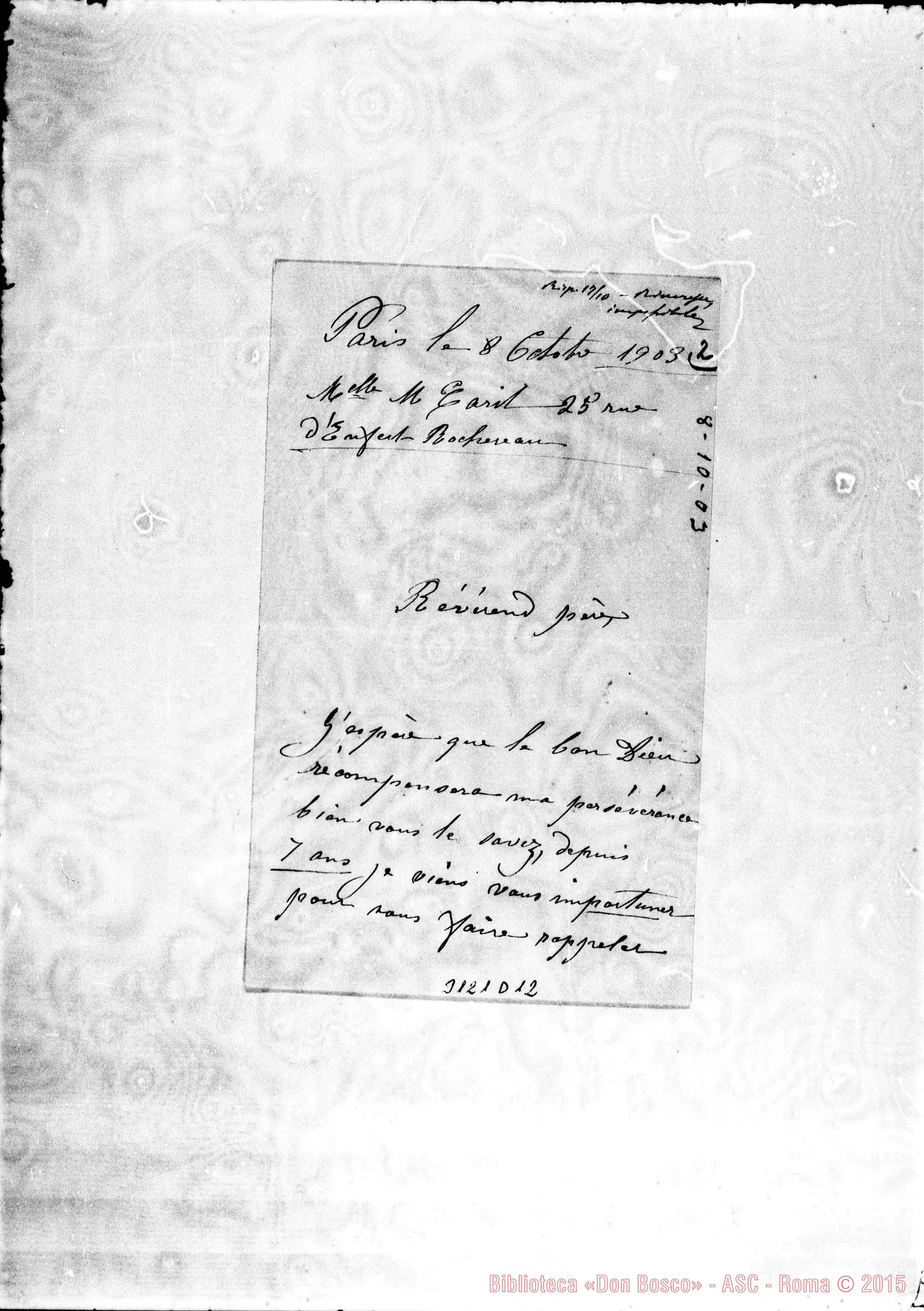 Fotogramma D 12 — Marie L. Carit - Révérend Pére. Paris, 8-10-1903
