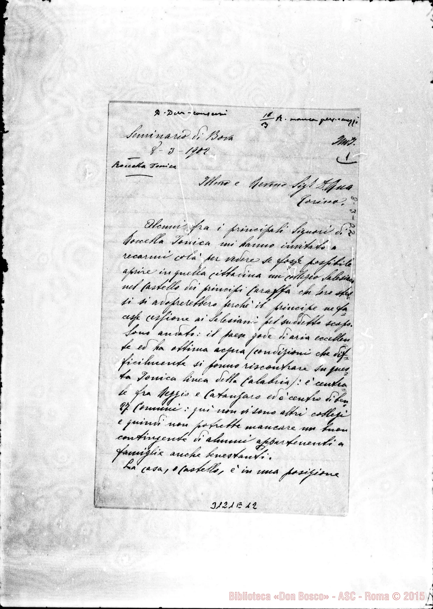 Fotogramma E 12 — Roccella: Sac. Giov. Mario Motta - D. Rua. Seminario di Bova, 8-03-1902. Autogr. Rua