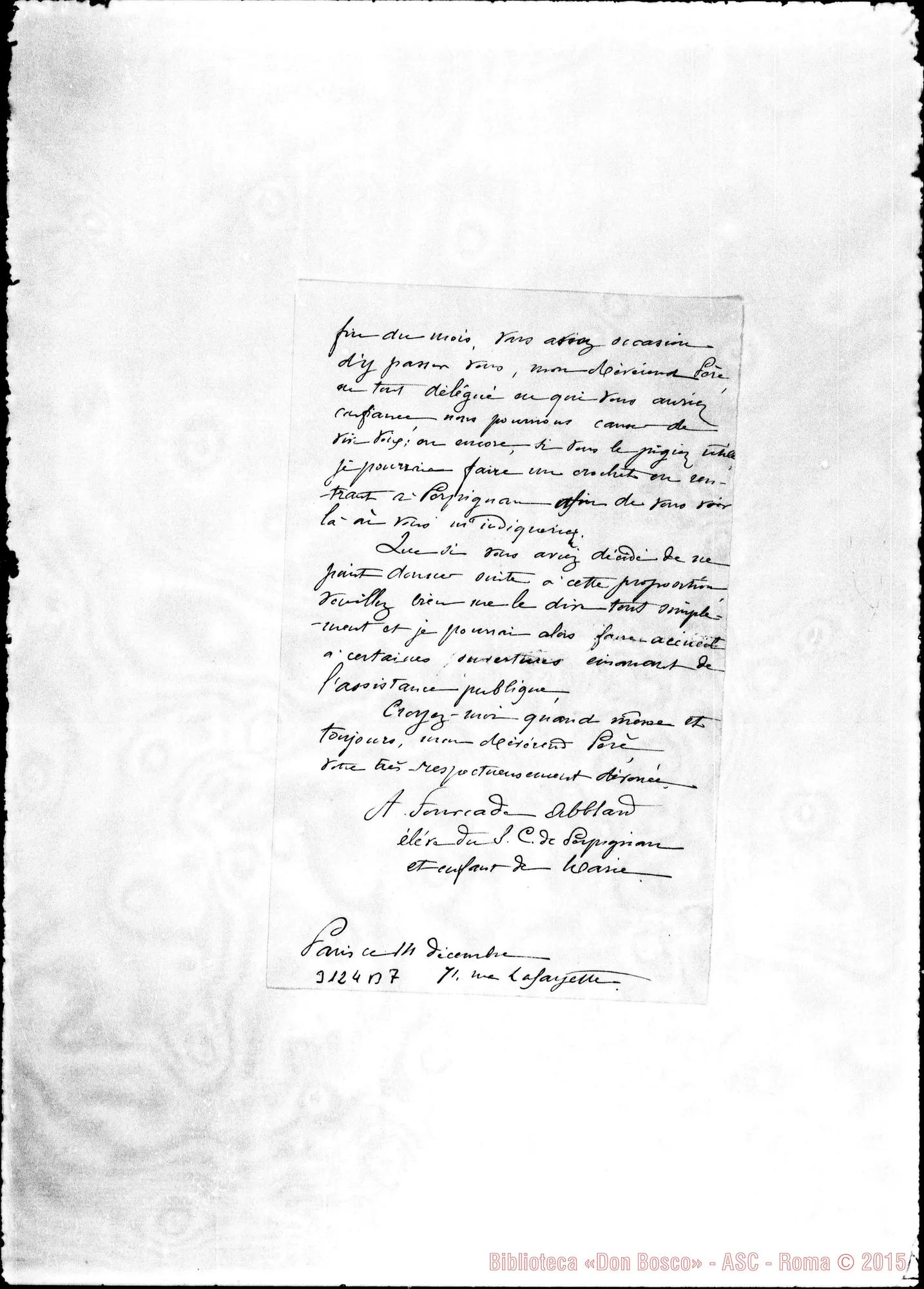 Fotogramma B 7 — A. Fourcade Abbland - Révérend Pére. Paris, 14-12-1893. Autogr. Rua