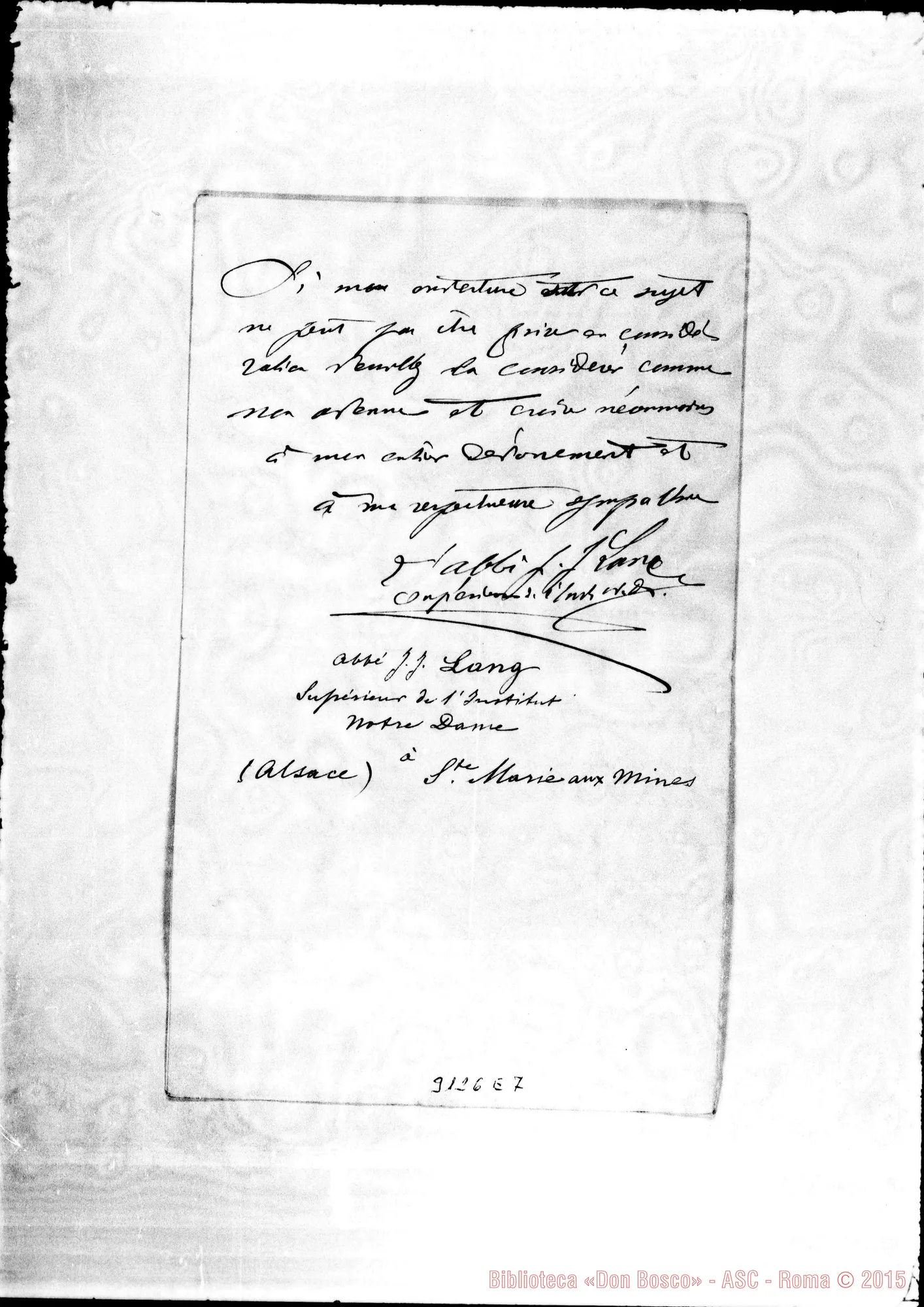 Fotogramma E 7 — L’Abbé Lang - Monsieur l’Abbé. S.te Marie aux Mines, 27-02-1894. Autogr. Rua