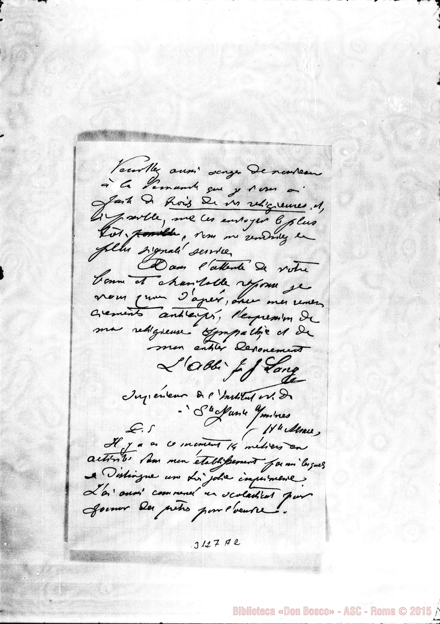 Fotogramma A 2 — L’Abbé Lang - Rev.do. S.te M. aux Mines, 5-07-1894. Autogr. Rua