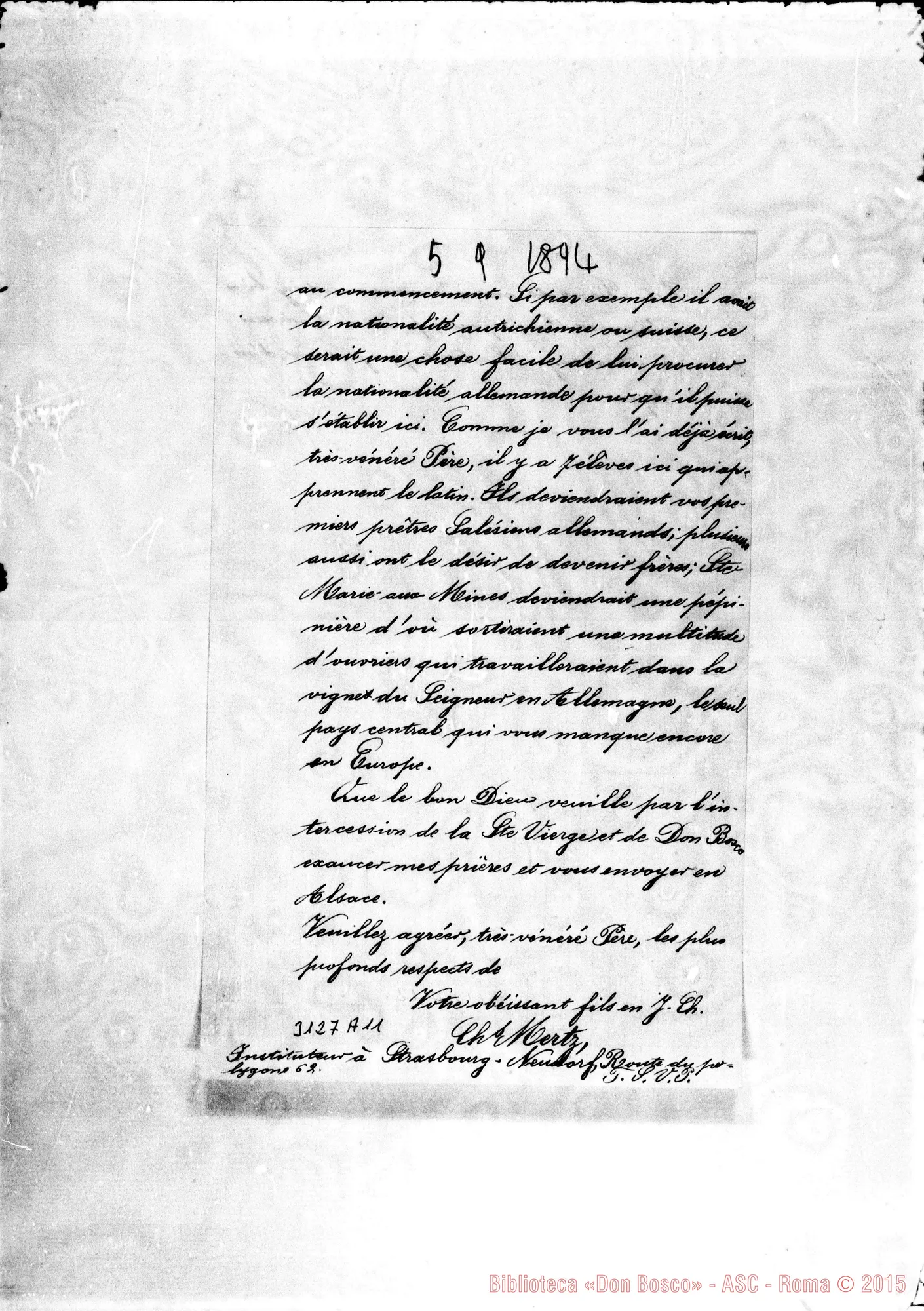 Fotogramma A 11 — Chs. Mertz - D. Rua. S.te Maria aux Mines, 5-09-1894. Autogr. Rua