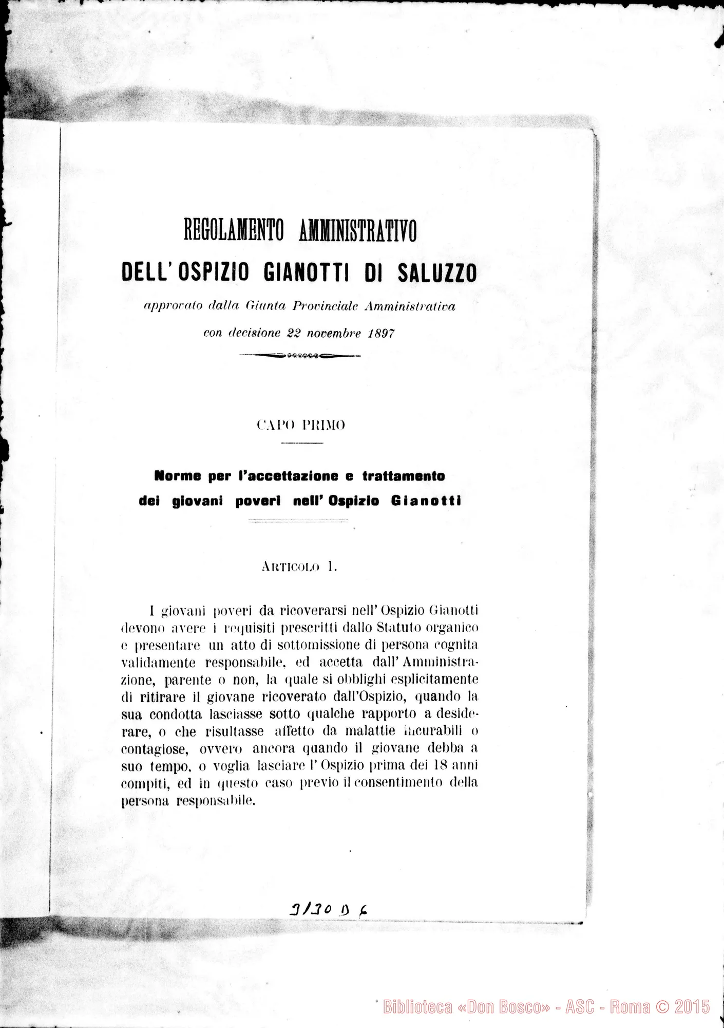 Fotogramma D 6 — Statuto Organico delTOspizio Gianotti. Stampato 1903